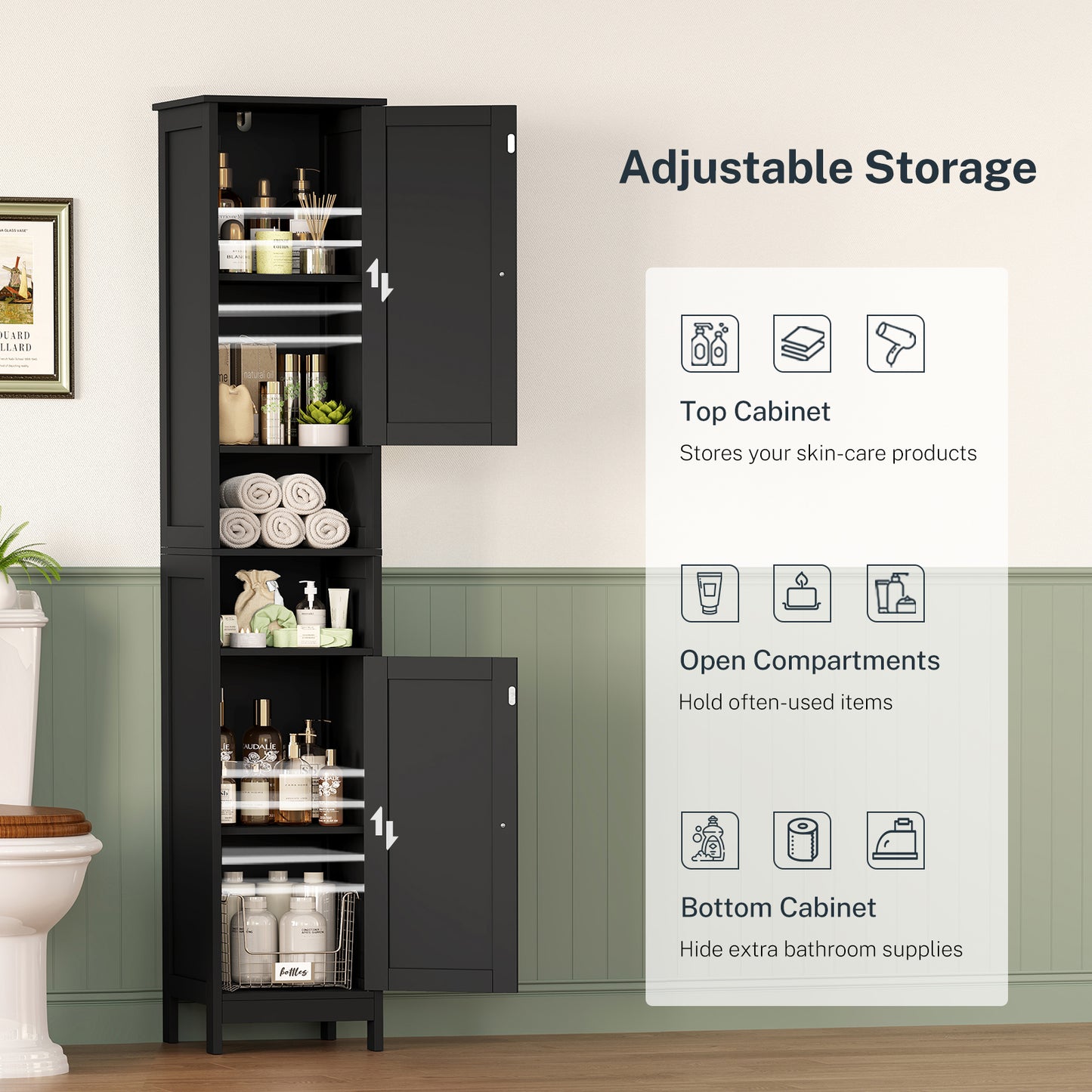 USIKEY 67" Tall Bathroom Cabinet with Adjustable Shelves and Doors, Narrow Bathroom Storage Cabinet for Small Space