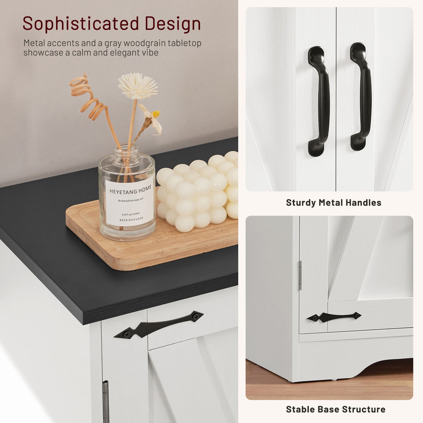 USIKEY Farmhouse Storage Cabinet with 2 Adjustable Shelves, Bathroom Cabinet with 4 Doors, Kitchen Cabinets, Cupboard for Kitchen, Living Room