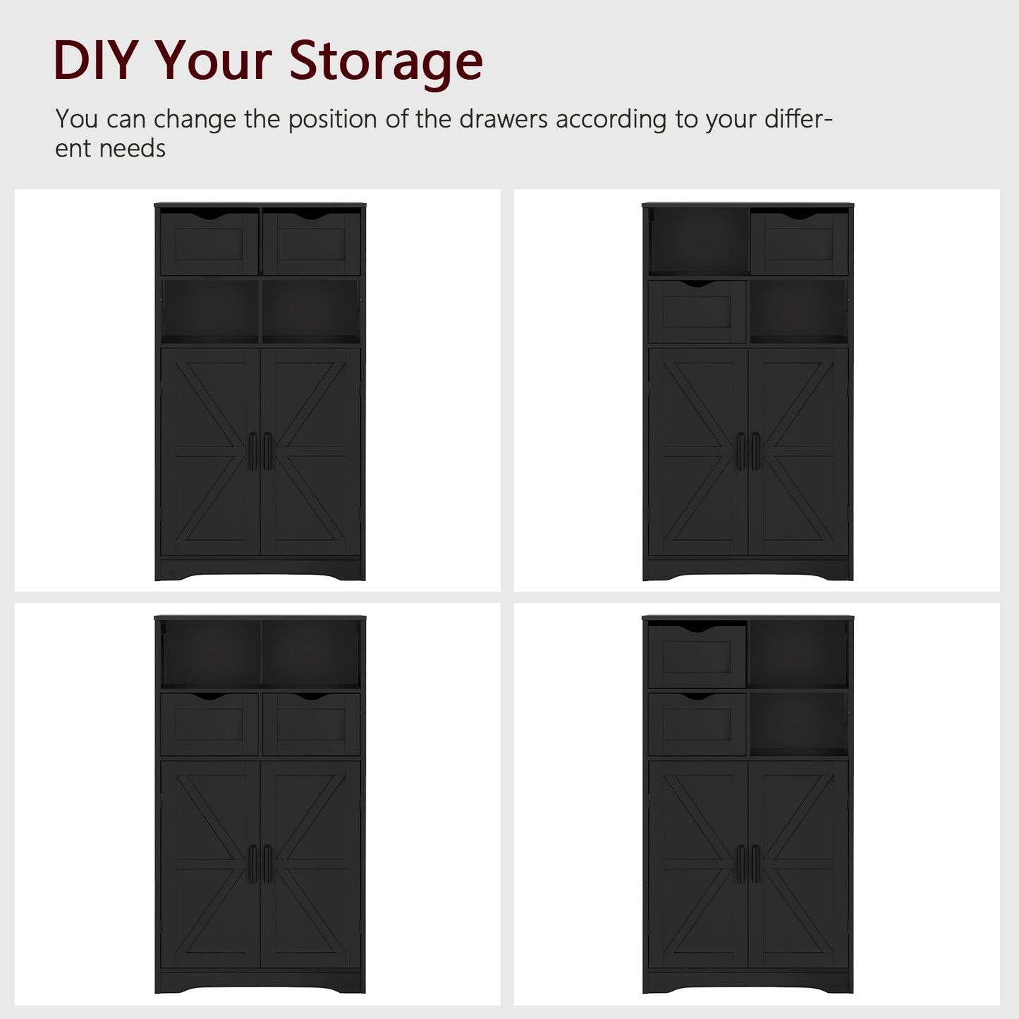 USIKEY Storage Cabinet with 2 Adjustable Drawers & 2 Barn Doors, Standing Cupboard with 2 Shelf, Floor Cabinet for Living Room, Home Office, Kitchen