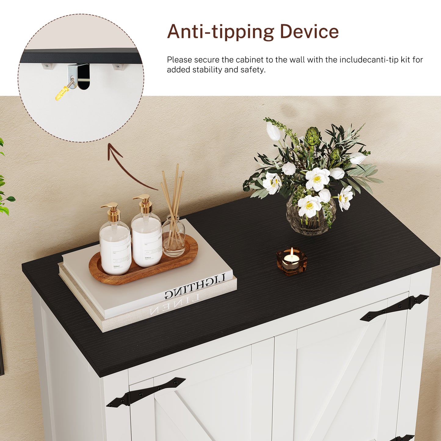 USIKEY 50.4" H Farmhouse Storage Cabinet, Bathroom Storage Cabinet with with 2 Doors & Drawers and Adjustable Shelf, for Bathroom, Living Room, White