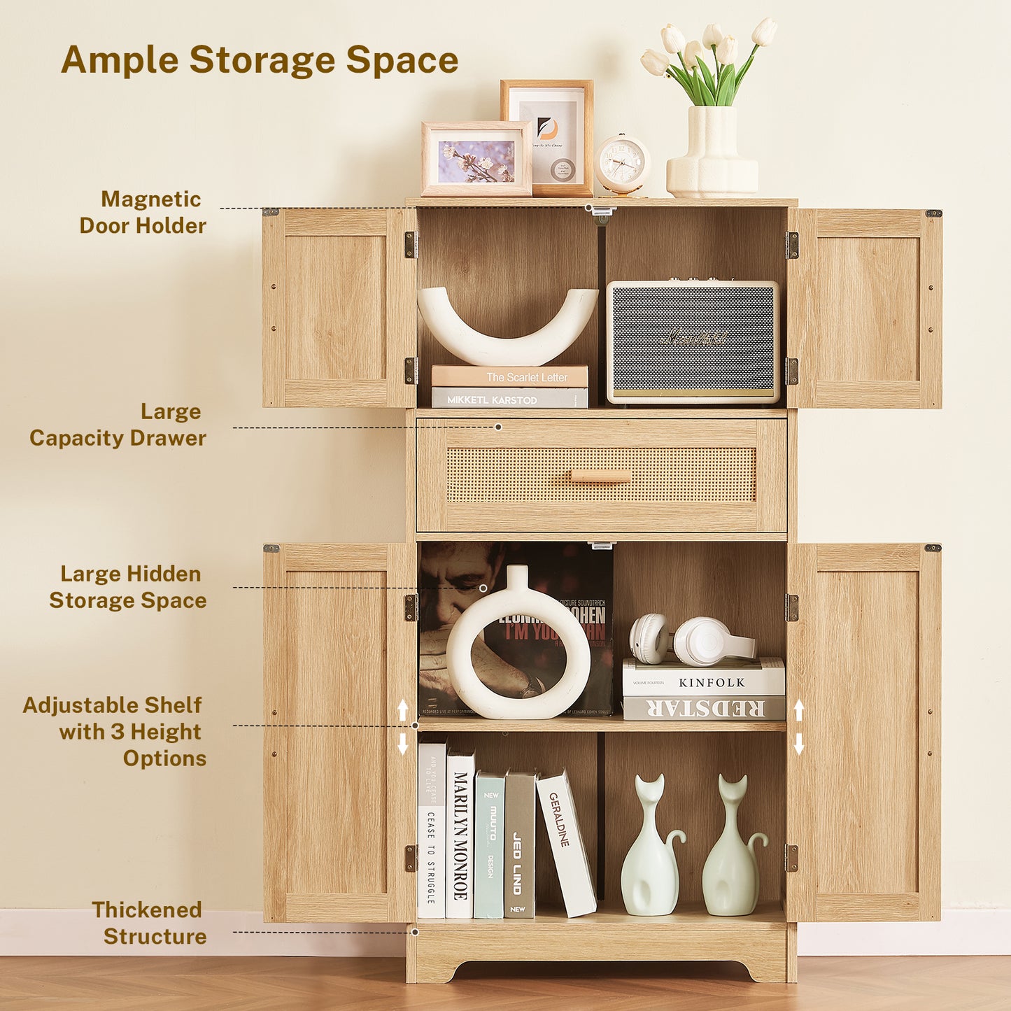 USIKEY Morden 47.2" Storage Cabinet with 2 Drawers & 2 Adjustable Shelves, Floor Cabinet with 4 Doors, Tall Cabinet for Living Room, Dining Room, Entryway