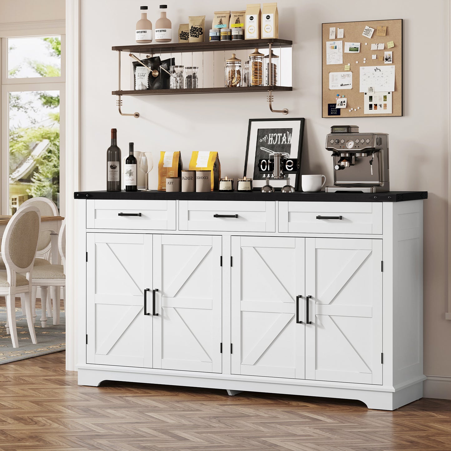 USIKEY 55" Buffet Cabinet With Storage, Large Sideboard Buffet Storage Cabinet With 3 Drawers, Farmhouse Coffee Bar Cabinet, For Kitchen, Living Room