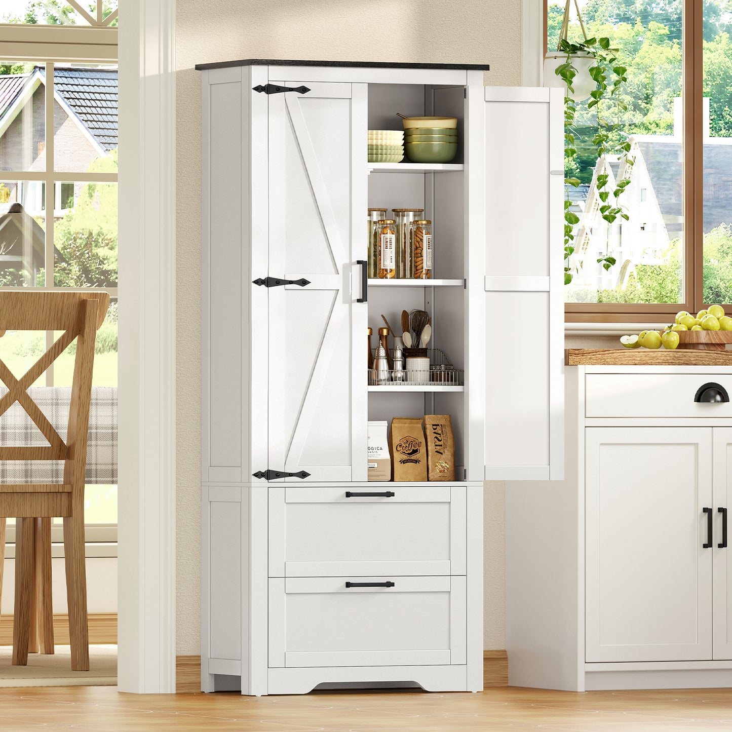 USIKEY 66.2" H Storage Cabinet with 2 Drawers, Farmhouse Kitchen Pantry Cabinet with 2 Doors & Adjustable Shelf, for Living Room, Kitchen, White