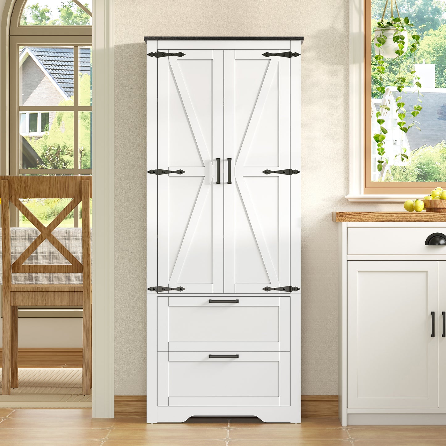USIKEY 66.2" H Storage Cabinet with 2 Drawers, Farmhouse Kitchen Pantry Cabinet with 2 Doors & Adjustable Shelf, for Living Room, Kitchen, White