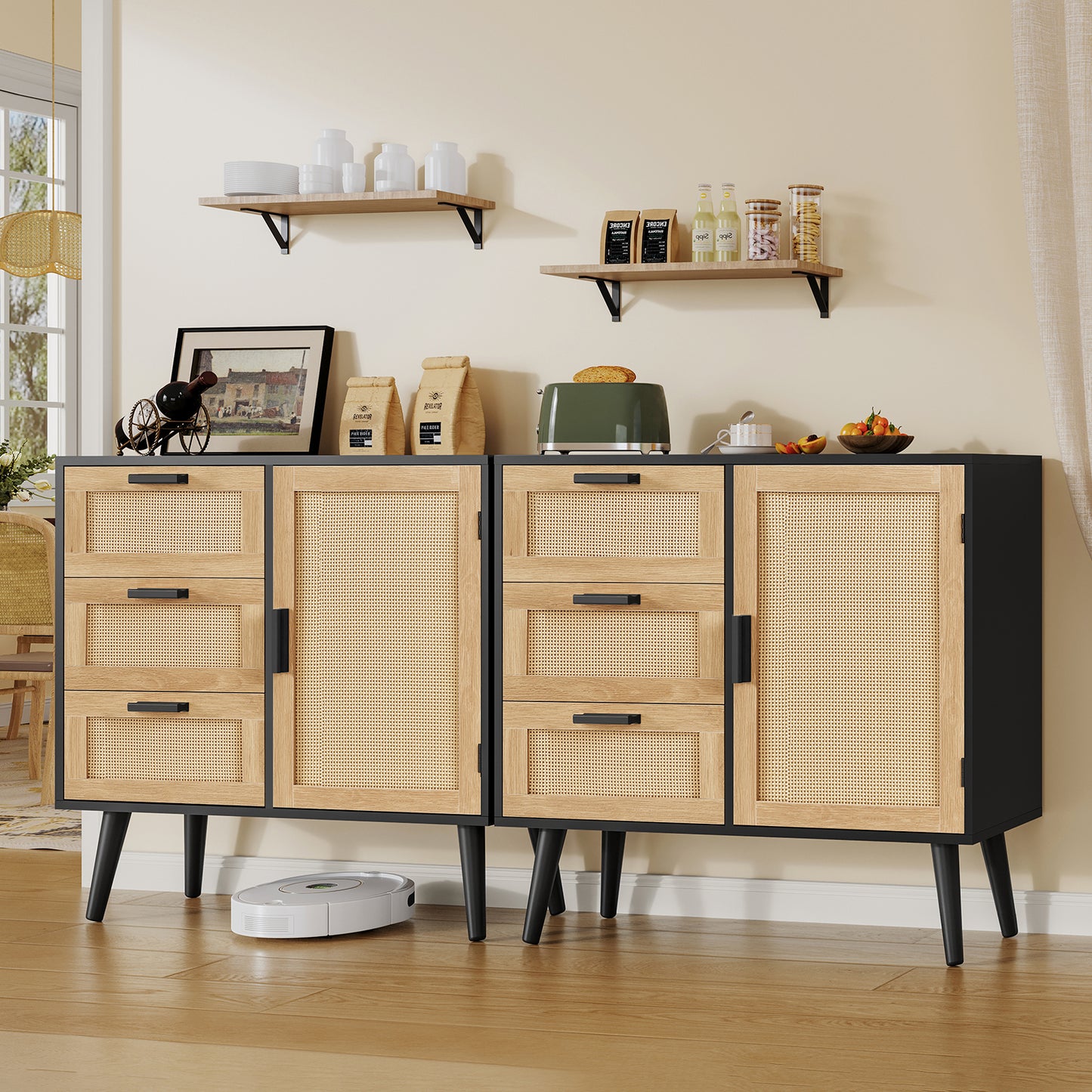 USIKEY Storage Cabinet with Rattan Door & 3 Drawers, Entryway Cabinet with Adjustable Shelf, Accent Cabinet for Living Room