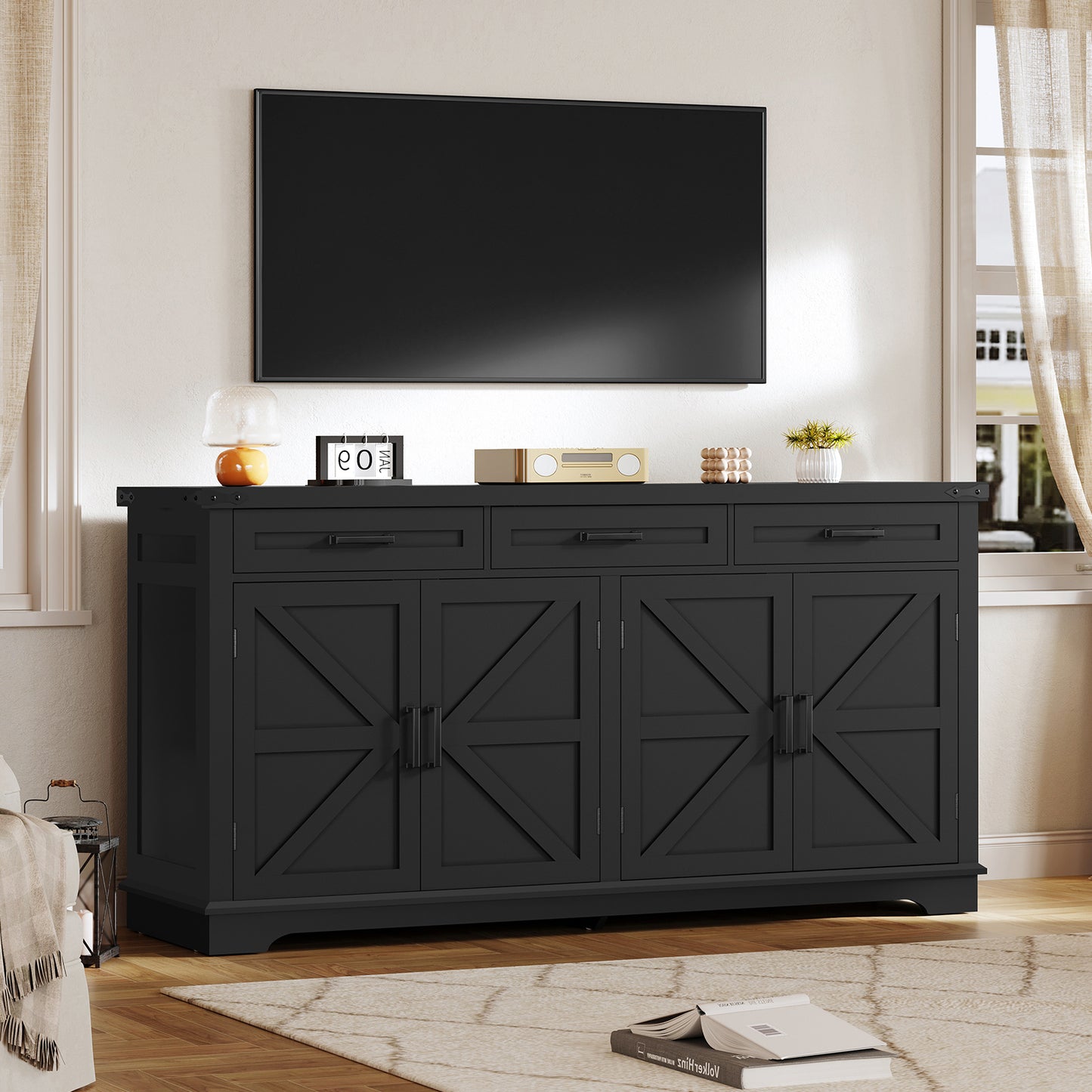 USIKEY Buffet Cabinet, 63” Large Sideboard Buffet Storage Cabinet with 3 Drawers, Farmhouse Coffee Bar with 4 Doors for Kitchen, Living Room
