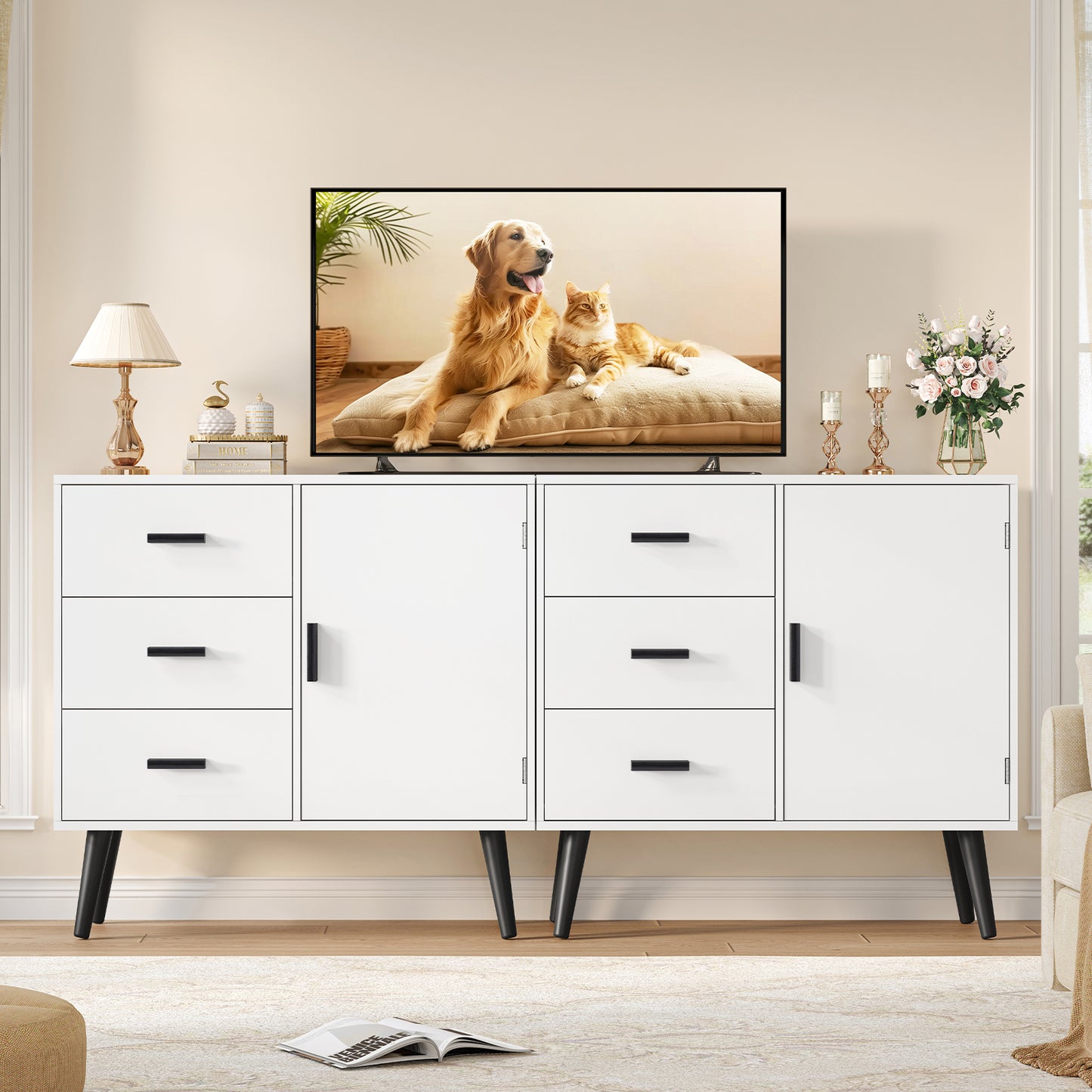USIKEY Storage Cabinet with Rattan Door & 3 Drawers, Entryway Cabinet with Adjustable Shelf, Accent Cabinet for Living Room
