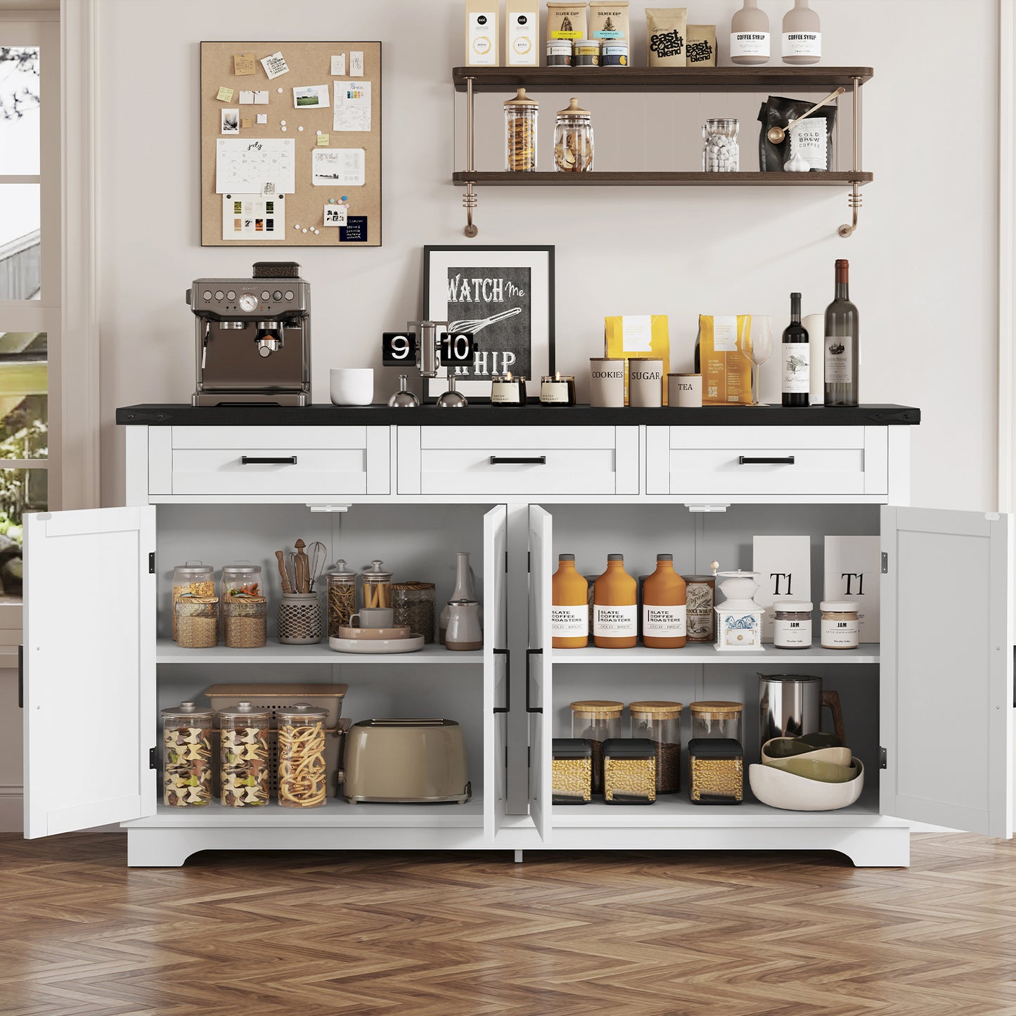 USIKEY 55" Buffet Cabinet With Storage, Large Sideboard Buffet Storage Cabinet With 3 Drawers, Farmhouse Coffee Bar Cabinet, For Kitchen, Living Room