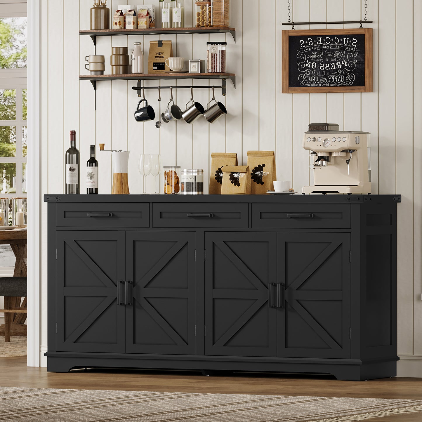 USIKEY Buffet Cabinet, 63” Large Sideboard Buffet Storage Cabinet with 3 Drawers, Farmhouse Coffee Bar with 4 Doors for Kitchen, Living Room