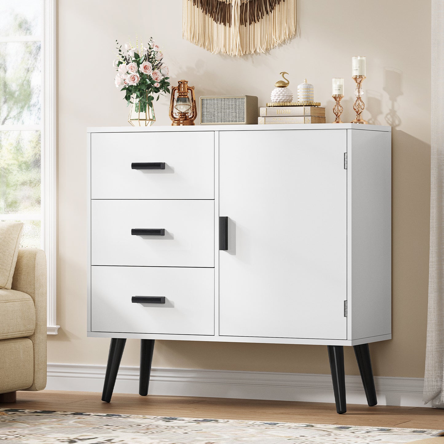 USIKEY Storage Cabinet with Rattan Door & 3 Drawers, Entryway Cabinet with Adjustable Shelf, Accent Cabinet for Living Room