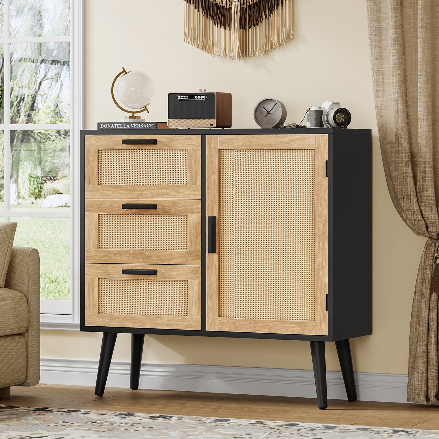 USIKEY Storage Cabinet with Rattan Door & 3 Drawers, Entryway Cabinet with Adjustable Shelf, Accent Cabinet for Living Room