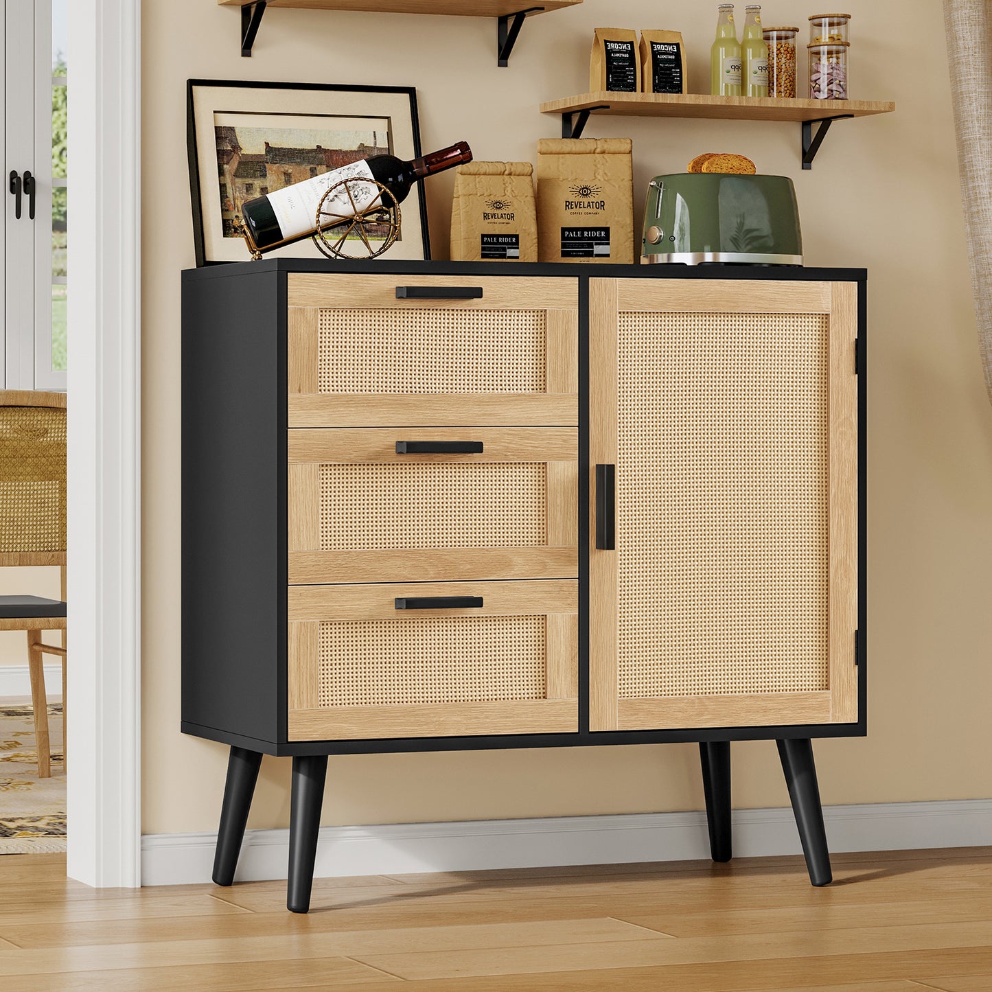 USIKEY Storage Cabinet with Rattan Door & 3 Drawers, Entryway Cabinet with Adjustable Shelf, Accent Cabinet for Living Room