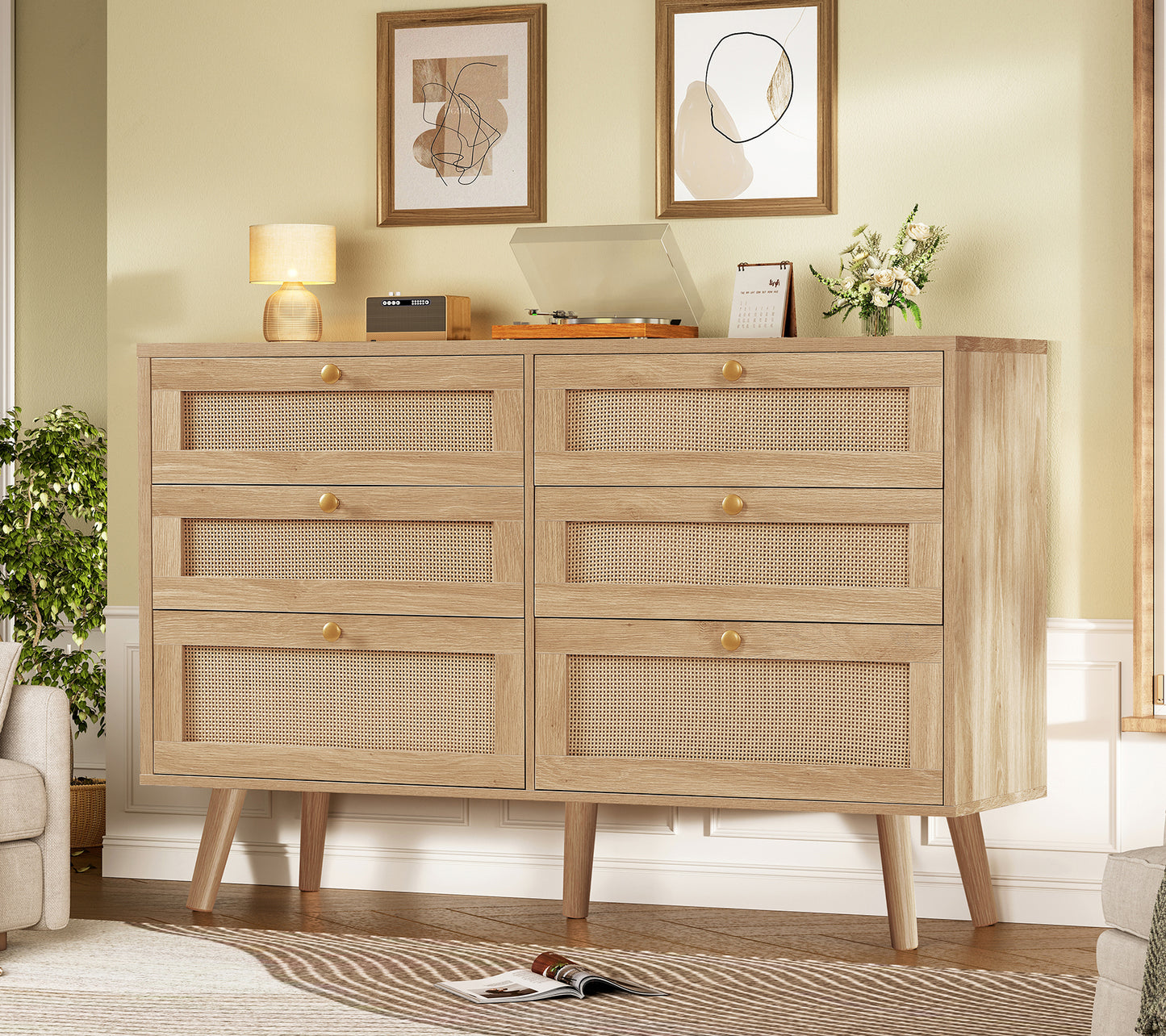 47.2''Wide 6 Drawer Dresser for Bedroom, Rattan Dresser Chest of Drawers, Modern Wood Dresser Chest for Bedroom, Living Room, Entryway, Natural