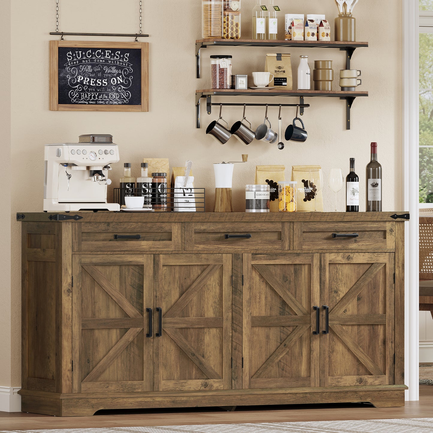 USIKEY Buffet Cabinet, 63” Large Sideboard Buffet Storage Cabinet with 3 Drawers, Farmhouse Coffee Bar with 4 Doors for Kitchen, Living Room
