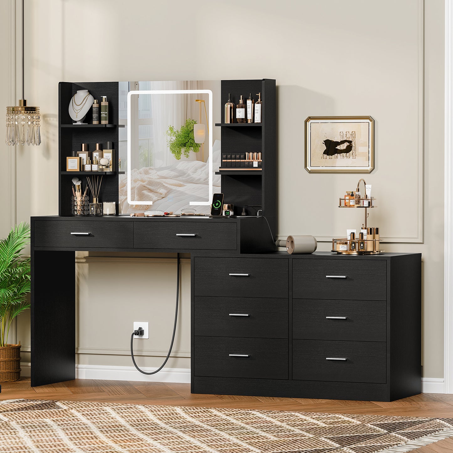 USIKEY Vanity Makeup Desk with LED Light Mirror & Power Outlet, 8 Drawers, Storage Shelves, & Adjustable Brightness Dressing Table, Corner Vanity Desk