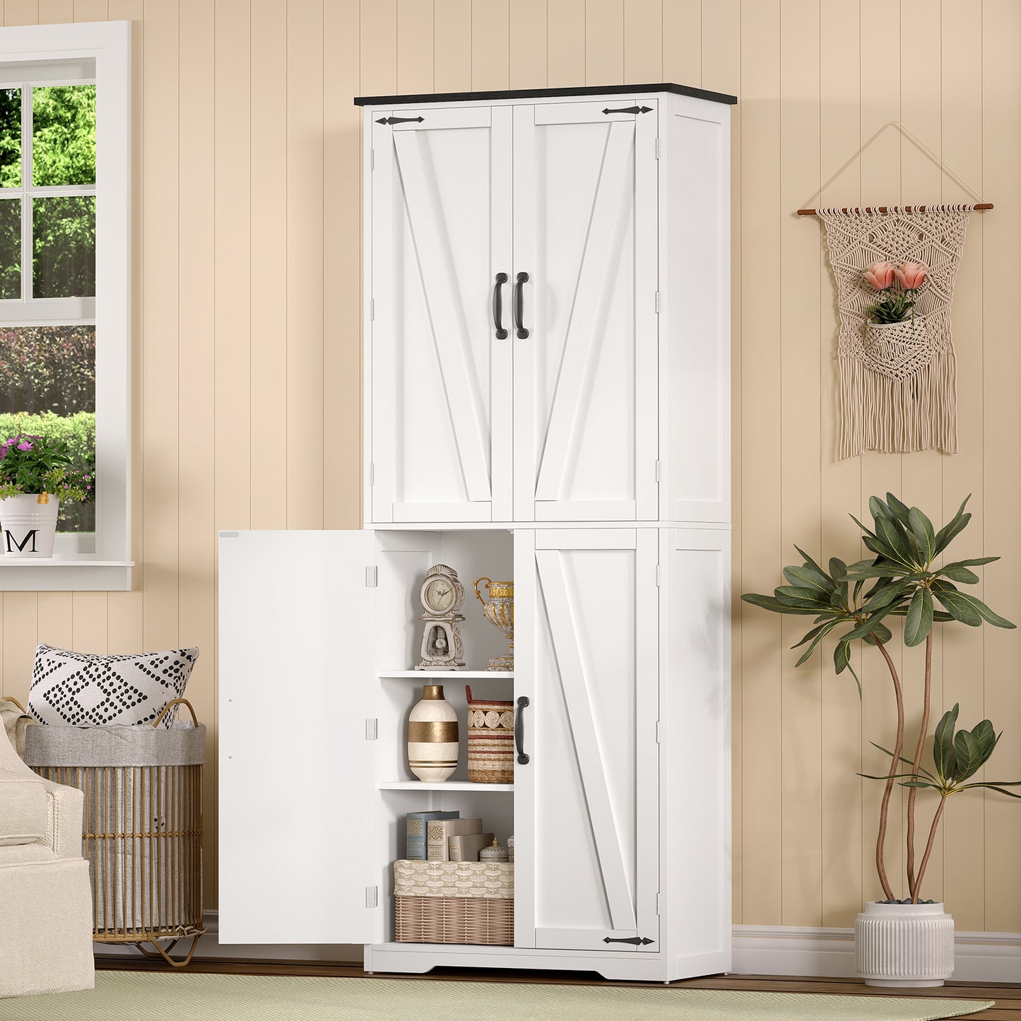 USIKEY 67"H Tall Storage Cabinet with 4 Doors, Farmhouse Accent Cabinet with Adjustable Shelves, for Bedroom, Living Room, Kicthen, White