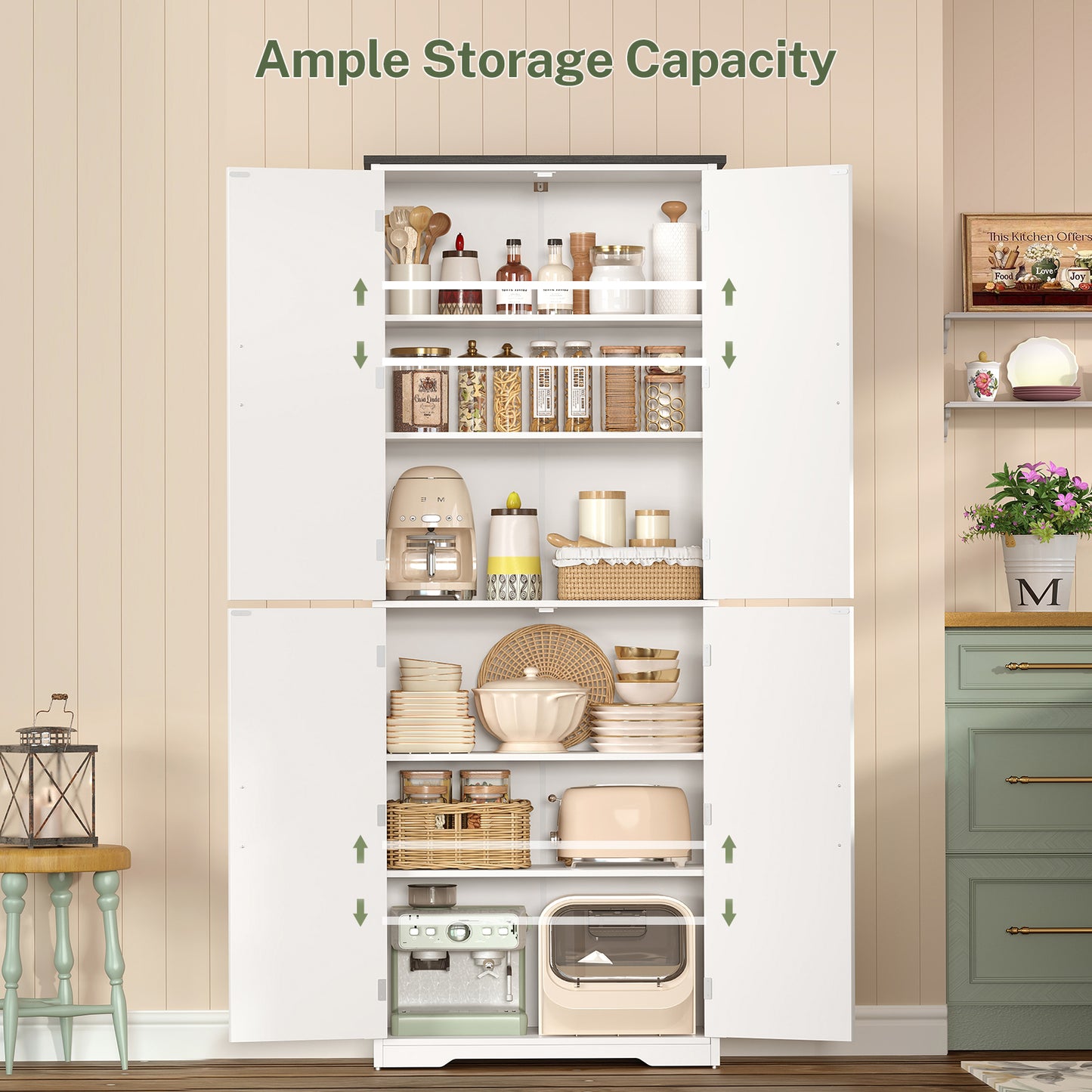 USIKEY 67"H Tall Storage Cabinet with 4 Doors, Farmhouse Accent Cabinet with Adjustable Shelves, for Bedroom, Living Room, Kicthen, White