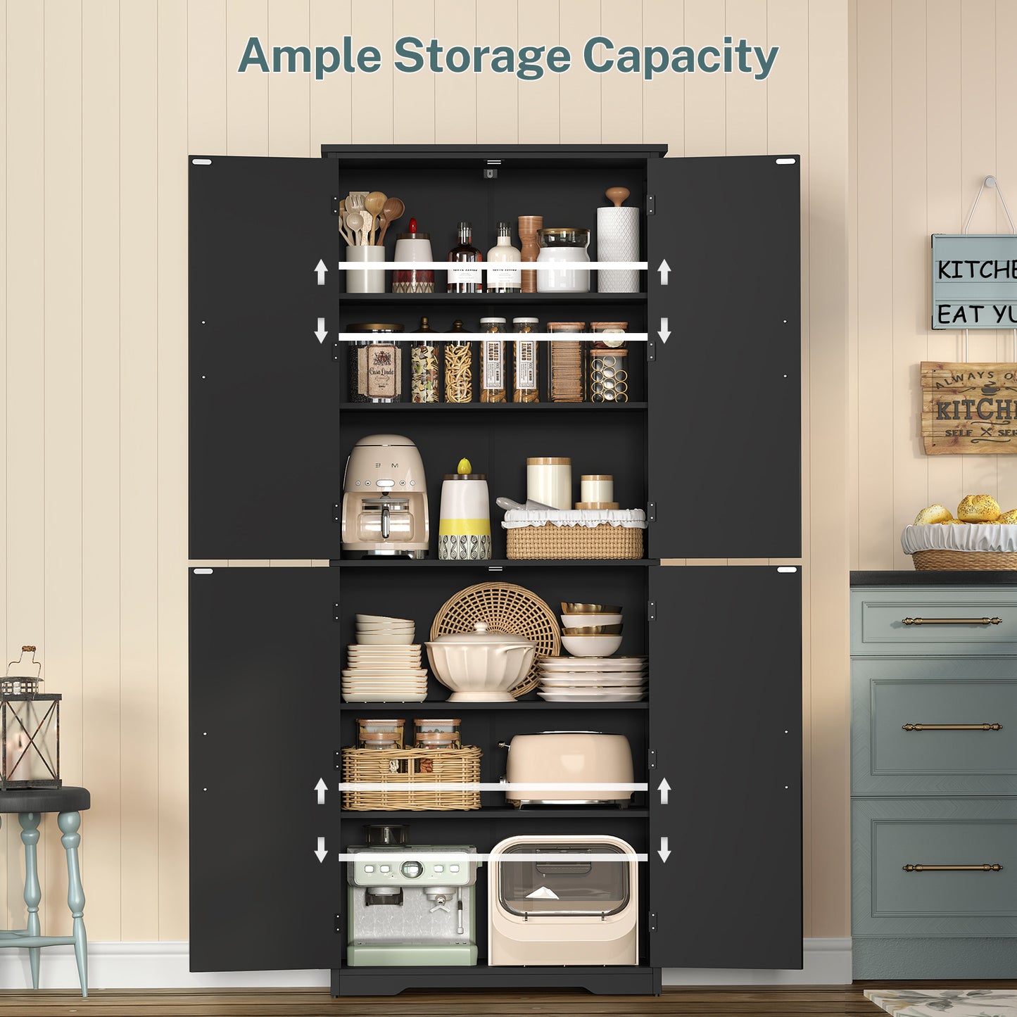 USIKEY 67"H Tall Storage Cabinet with 4 Doors, Farmhouse Accent Cabinet with Adjustable Shelves, for Bedroom, Living Room, Kicthen, White