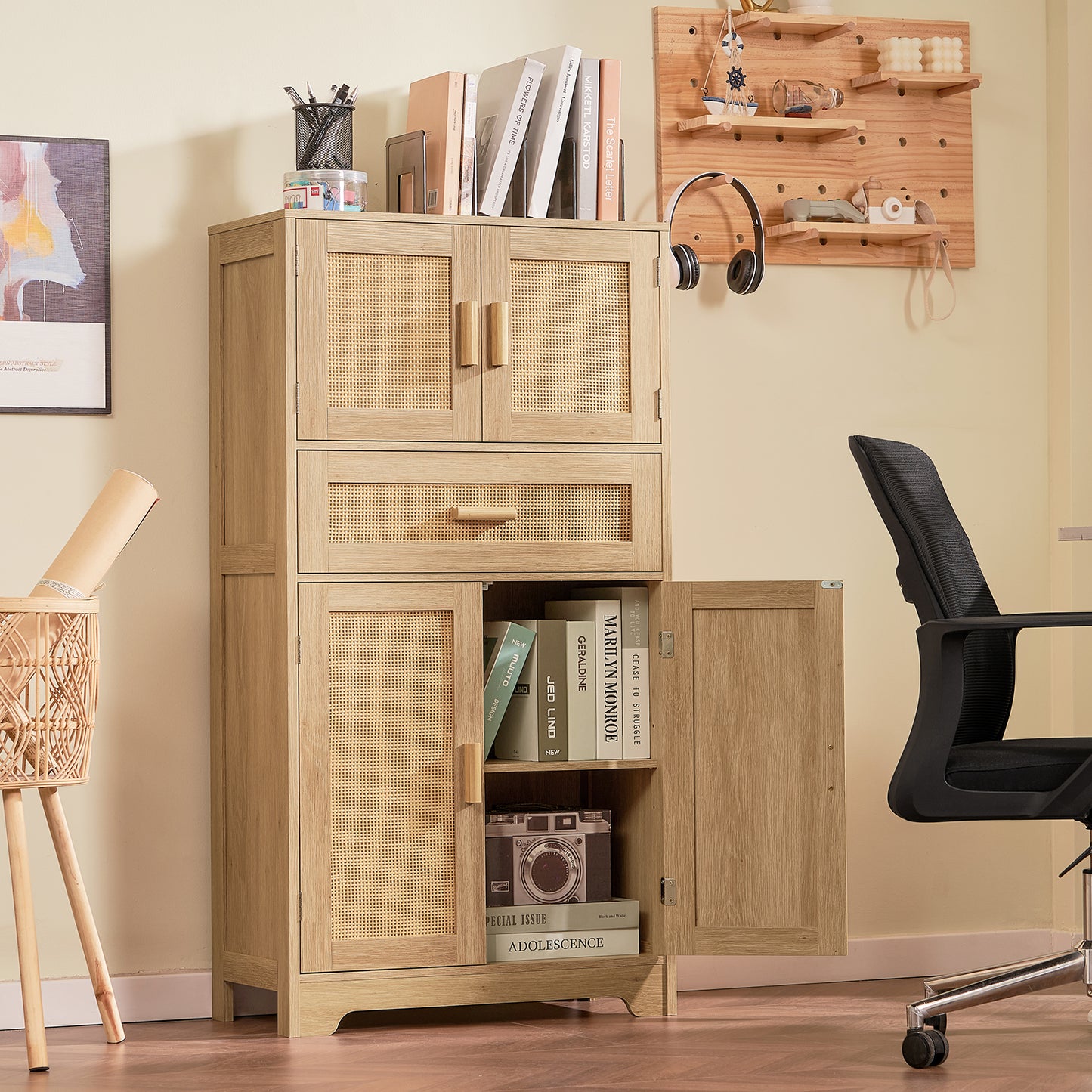 USIKEY Morden 47.2" Storage Cabinet with 2 Drawers & 2 Adjustable Shelves, Floor Cabinet with 4 Doors, Tall Cabinet for Living Room, Dining Room, Entryway