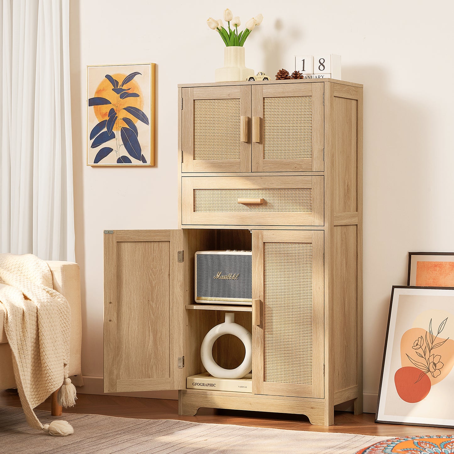 USIKEY Morden 47.2" Storage Cabinet with 2 Drawers & 2 Adjustable Shelves, Floor Cabinet with 4 Doors, Tall Cabinet for Living Room, Dining Room, Entryway