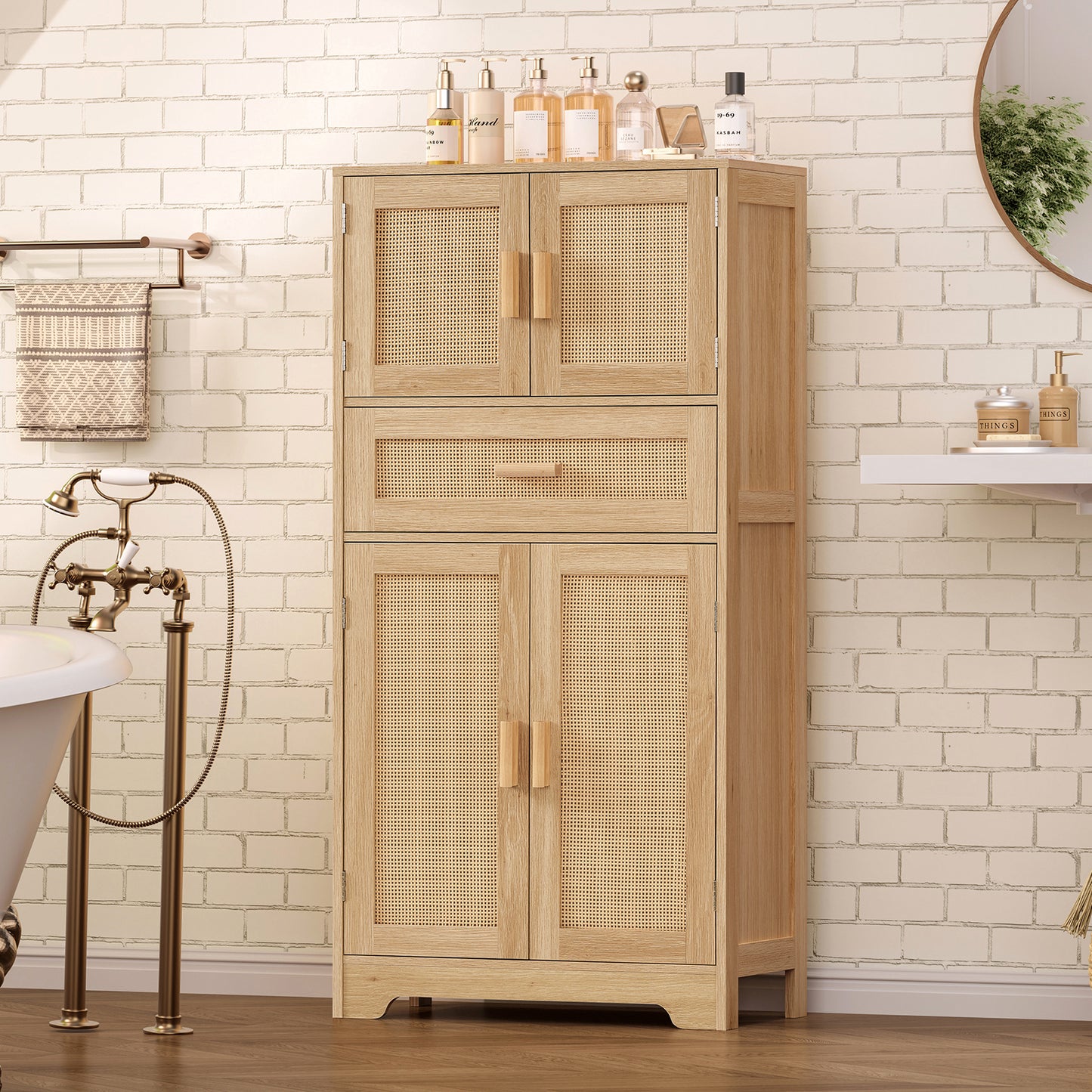 USIKEY Morden 47.2" Storage Cabinet with 2 Drawers & 2 Adjustable Shelves, Floor Cabinet with 4 Doors, Tall Cabinet for Living Room, Dining Room, Entryway