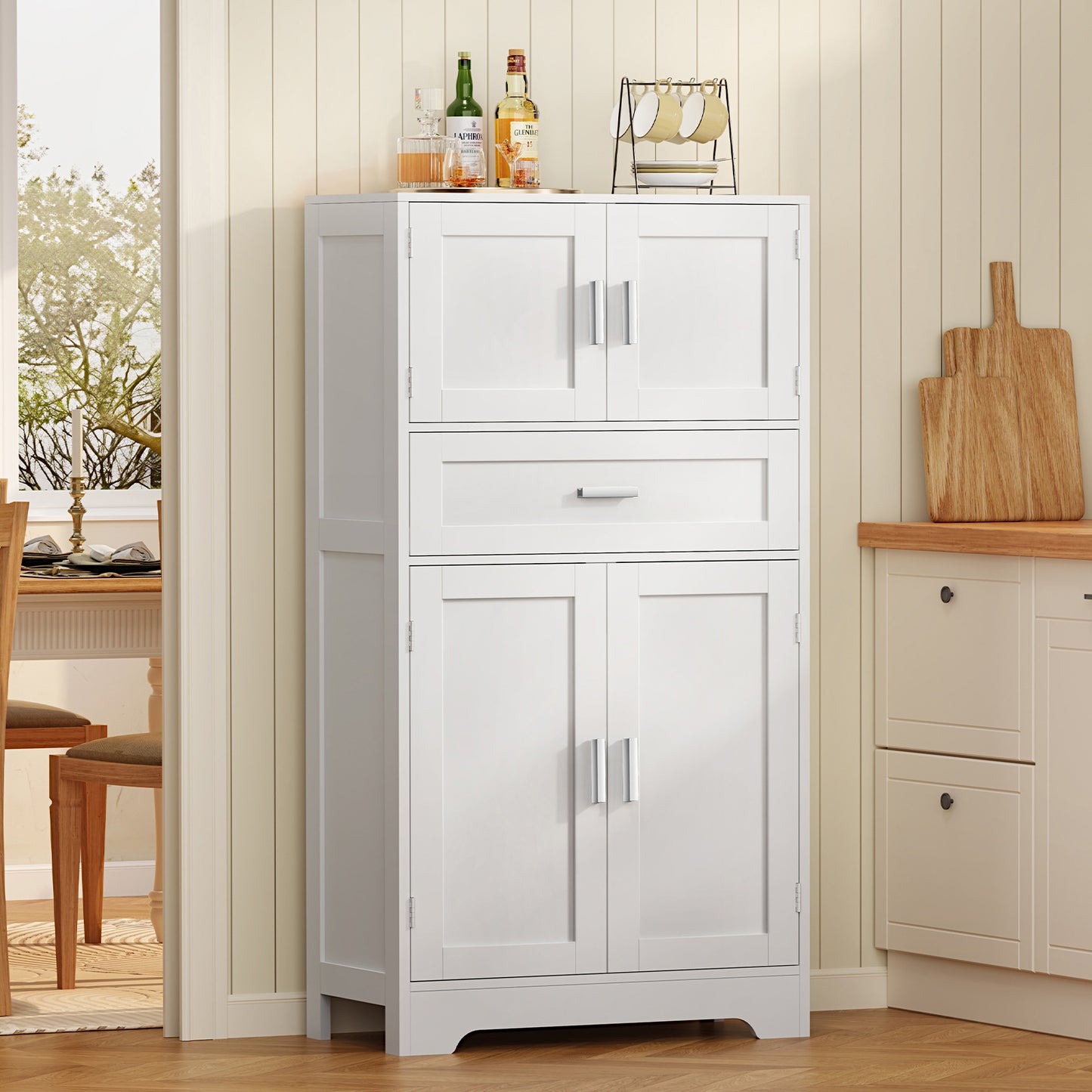 USIKEY Morden 47.2" Storage Cabinet with 2 Drawers & 2 Adjustable Shelves, Floor Cabinet with 4 Doors, Tall Cabinet for Living Room, Dining Room, Entryway