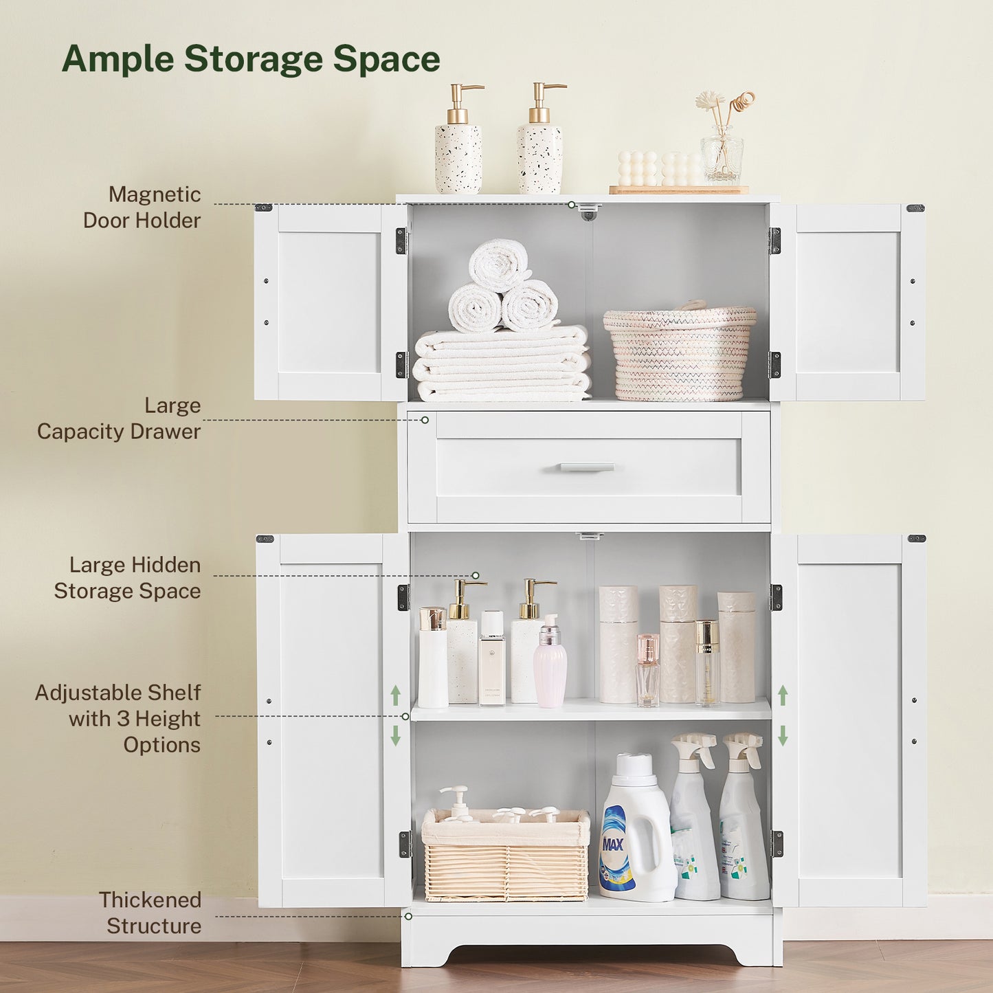 USIKEY Morden 47.2" Storage Cabinet with 2 Drawers & 2 Adjustable Shelves, Floor Cabinet with 4 Doors, Tall Cabinet for Living Room, Dining Room, Entryway