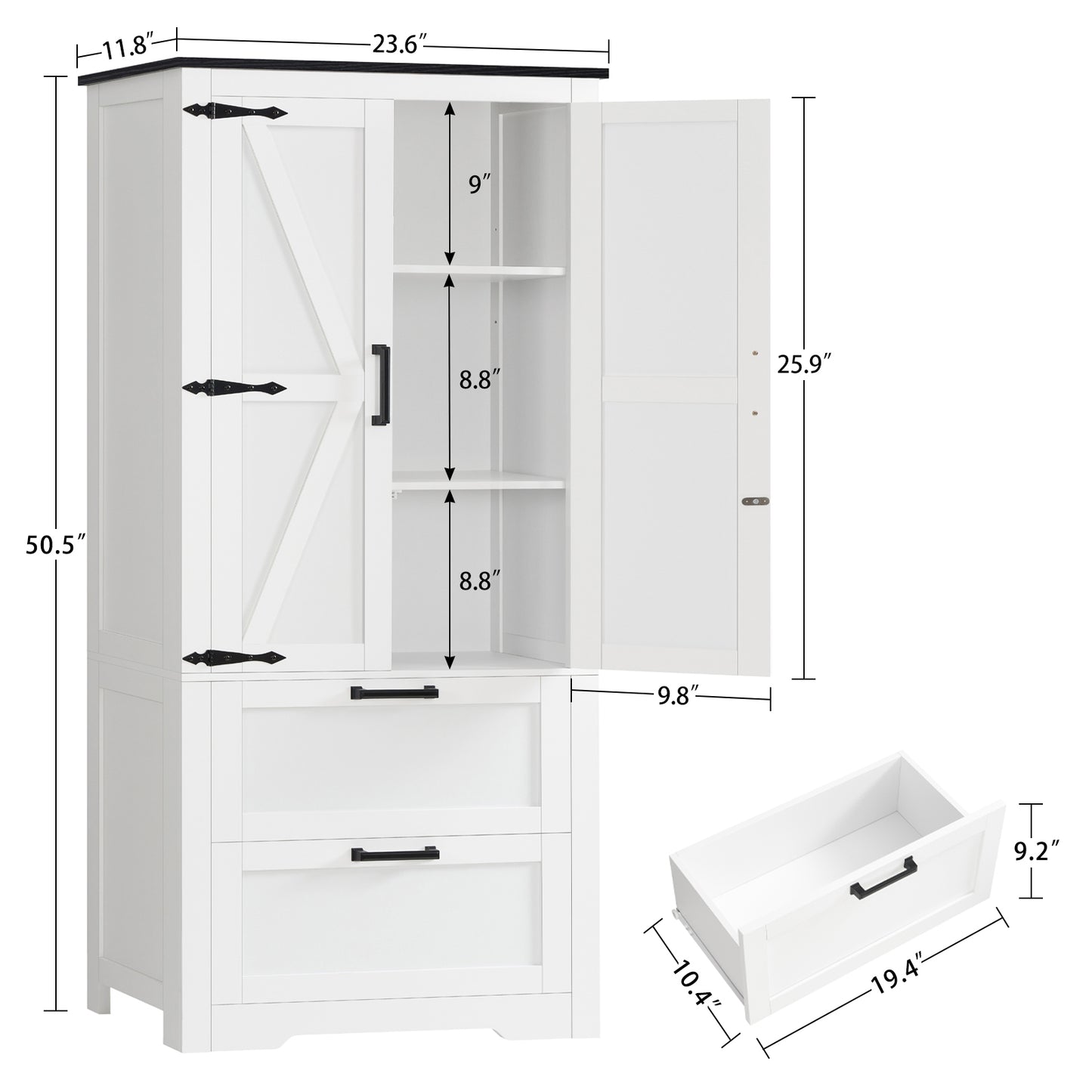USIKEY 50.4" H Farmhouse Storage Cabinet, Bathroom Storage Cabinet with with 2 Doors & Drawers and Adjustable Shelf, for Bathroom, Living Room, White