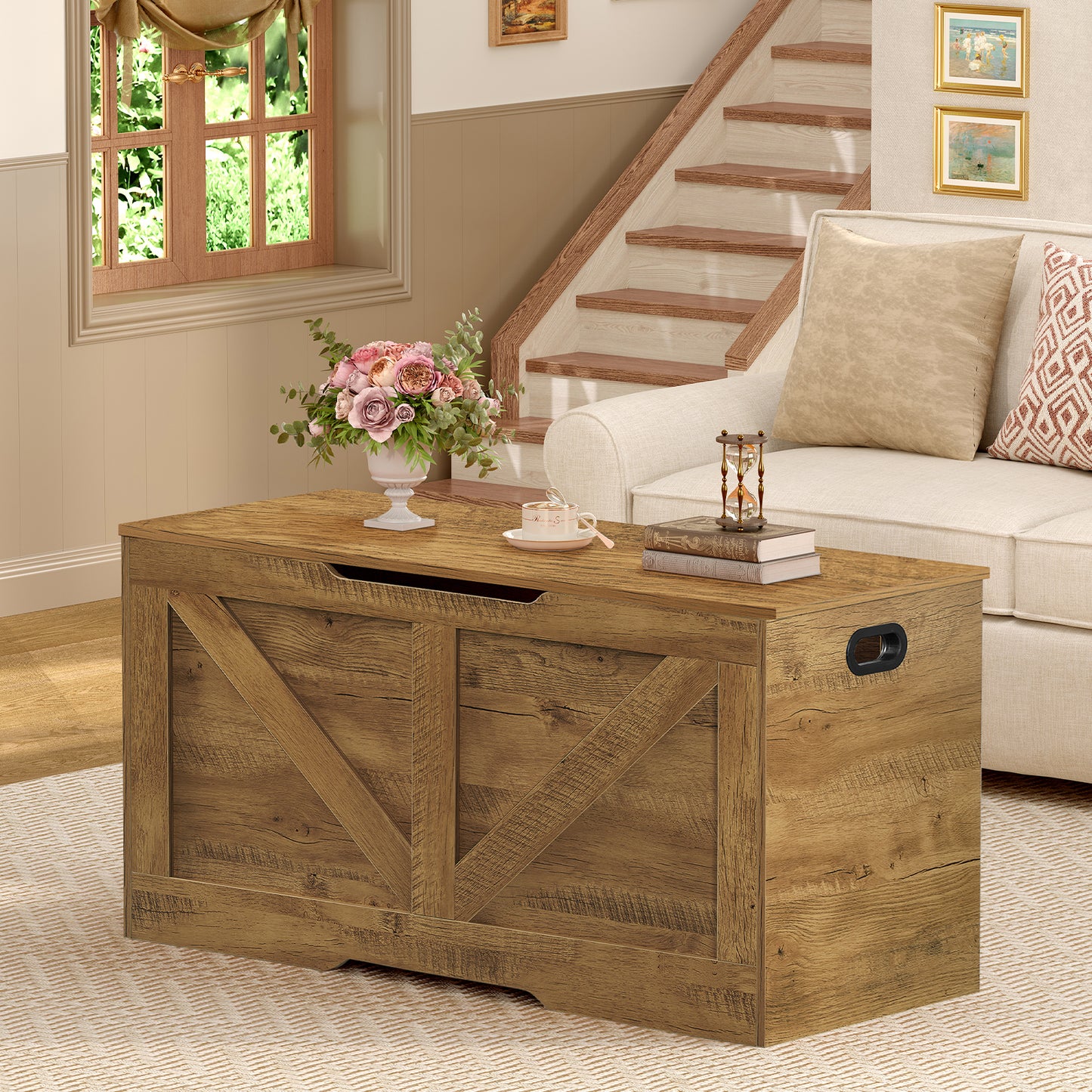 Usikey 39.4" Storage Chest, Toy Box with 2 Safety Hinges, Lift Top Wooden Toy Chest, Storage Bench, for Living Room, Bedroom, Entryway