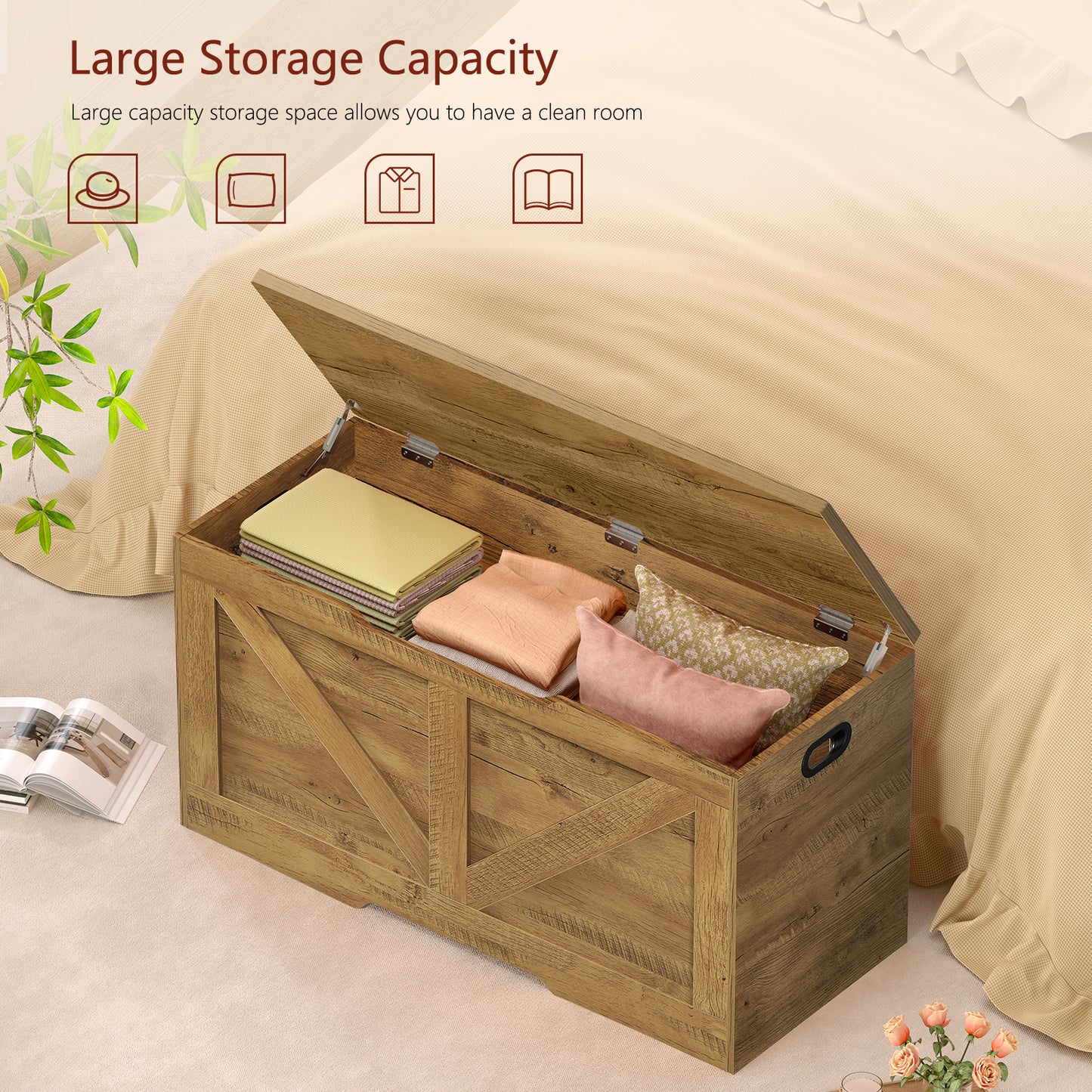Usikey 39.4" Storage Chest, Toy Box with 2 Safety Hinges, Lift Top Wooden Toy Chest, Storage Bench, for Living Room, Bedroom, Entryway