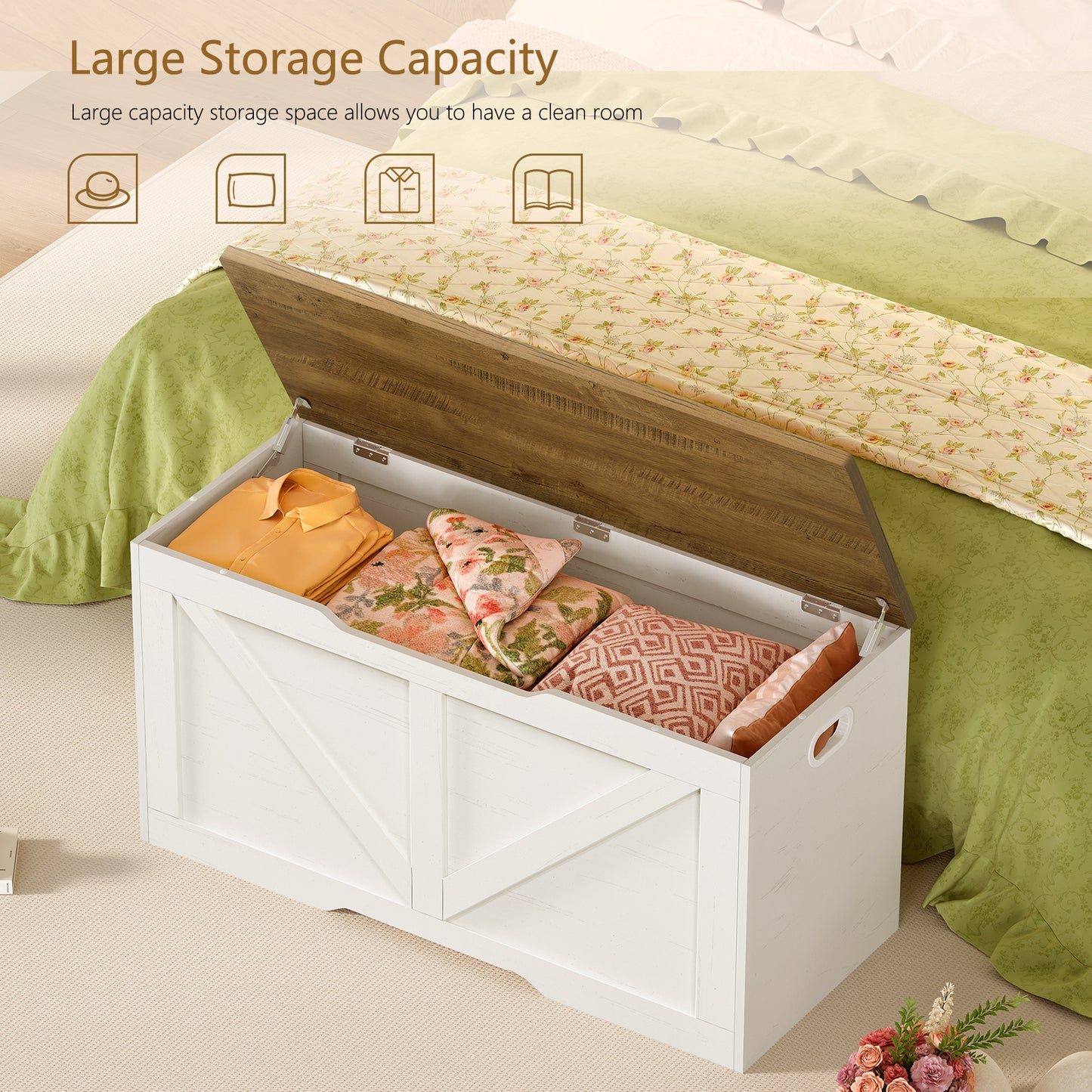 Usikey 39.4" Storage Chest, Toy Box with 2 Safety Hinges, Lift Top Wooden Toy Chest, Storage Bench, for Living Room, Bedroom, Entryway