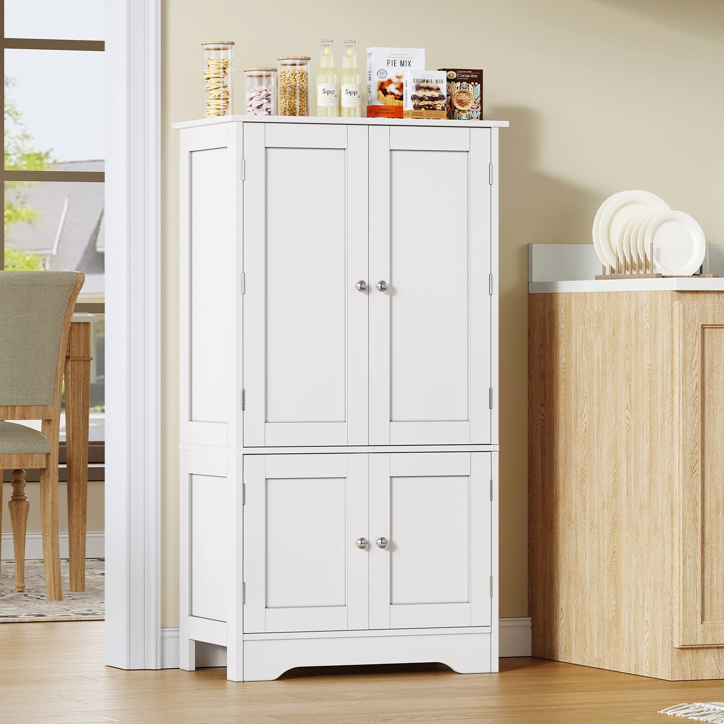 USIKEY Pantry Cabinet, Kitchen Pantry Storage Cabinet with Doors and Adjustable Shelves, Food Pantry for Kitchen, Dining Room, Living Room and Garage