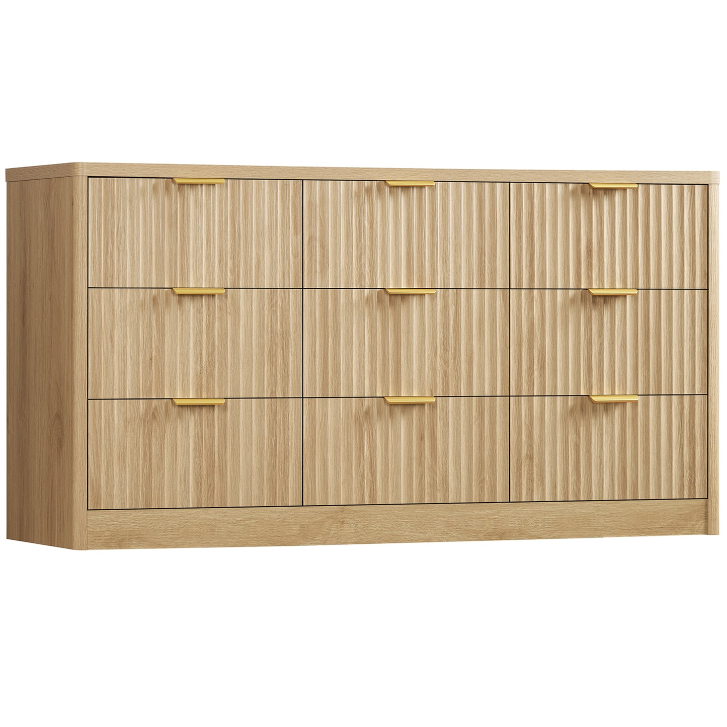 Usikey Fluted Dresser with 9 Drawers 63'' Wide Modern Dressers with Wood Chests of Drawers with Gold Handle & Natural Wood TV Dresser for Bedroom