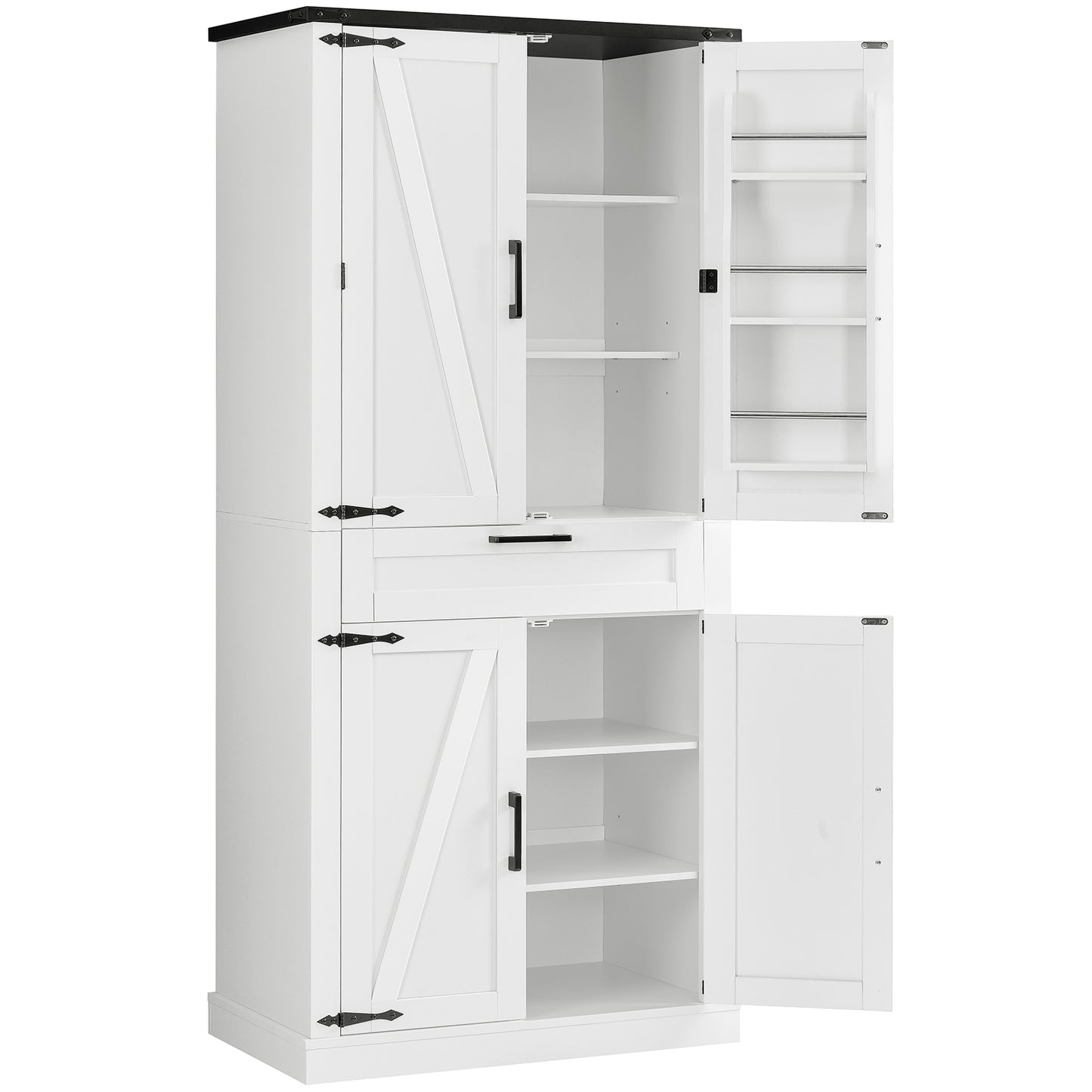 USIKEY 71" Tall Kitchen Pantry Cabinet, Farmhouse Storage Cabinet with Barn Doors, Pantry Cabinet, 6 Hanging Shelves, 1 Drawer & Adjustable Shelves, Cupboard for Kitchen, Dinging Room, White