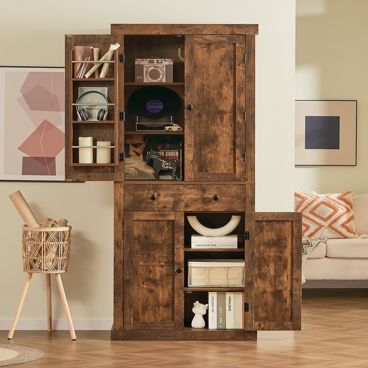 usikey 72?¡À Kitchen Pantry Cabinet, Tall Storage Cabinet with 4 Doors and 1 Drawer, Freestanding Cupboard with 6 Hanging Shelves and Adjustable Shelves for Kitchen, Dining Room,Living Room