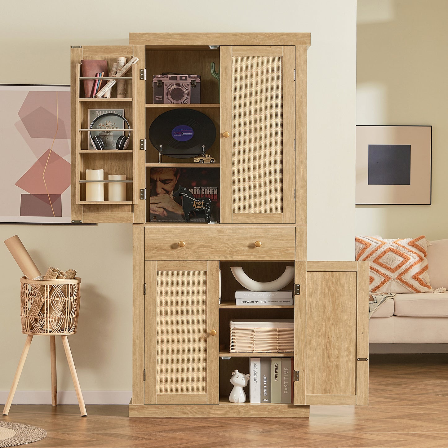 usikey 72?¡À Kitchen Pantry Cabinet, Tall Storage Cabinet with 4 Doors and 1 Drawer, Freestanding Cupboard with 6 Hanging Shelves and Adjustable Shelves for Kitchen, Dining Room,Living Room