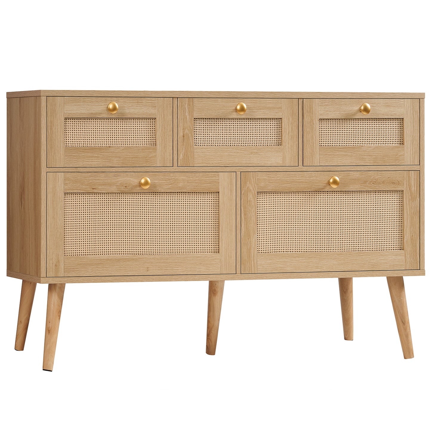 Usikey Dresser for Bedroom, 5 Drawer, Boho Dresser for Closet, Chest of Drawers with Solid Wood Legs, Dressers TV Stand, for Entryway, Hallway, Natural
