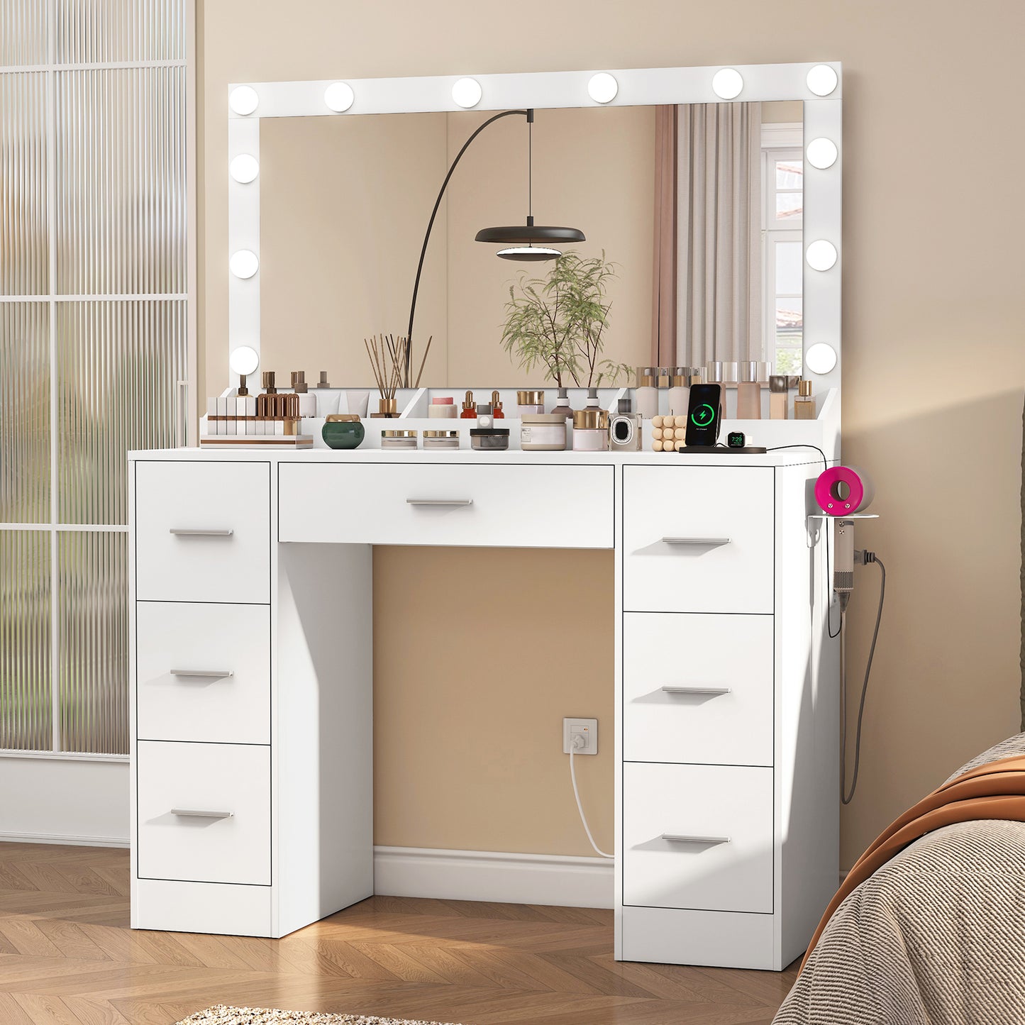 USIKEY Makeup Vanity with Large Mirror and 12 LED Lights, Vanity Desk with 7 Drawers & Charging Station, Makeup Desk Dressing Table