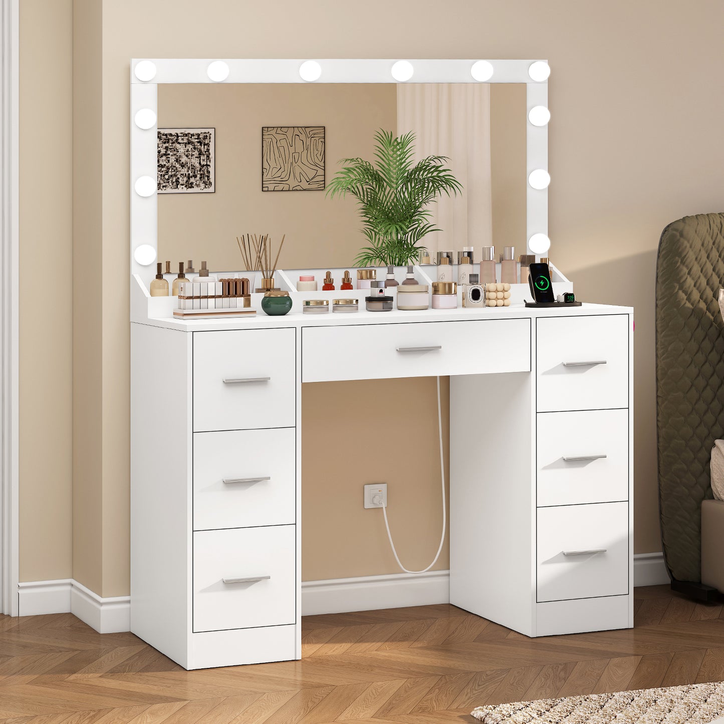 USIKEY Makeup Vanity with Large Mirror and 12 LED Lights, Vanity Desk with 7 Drawers & Charging Station, Makeup Desk Dressing Table