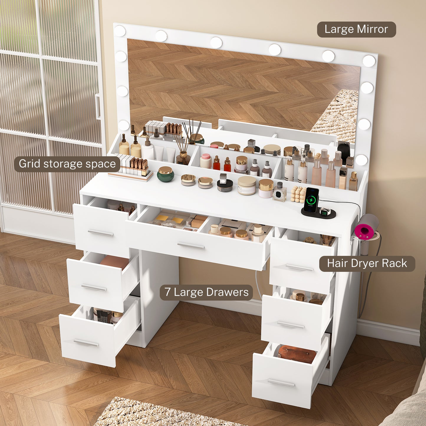 USIKEY Makeup Vanity with Large Mirror and 12 LED Lights, Vanity Desk with 7 Drawers & Charging Station, Makeup Desk Dressing Table