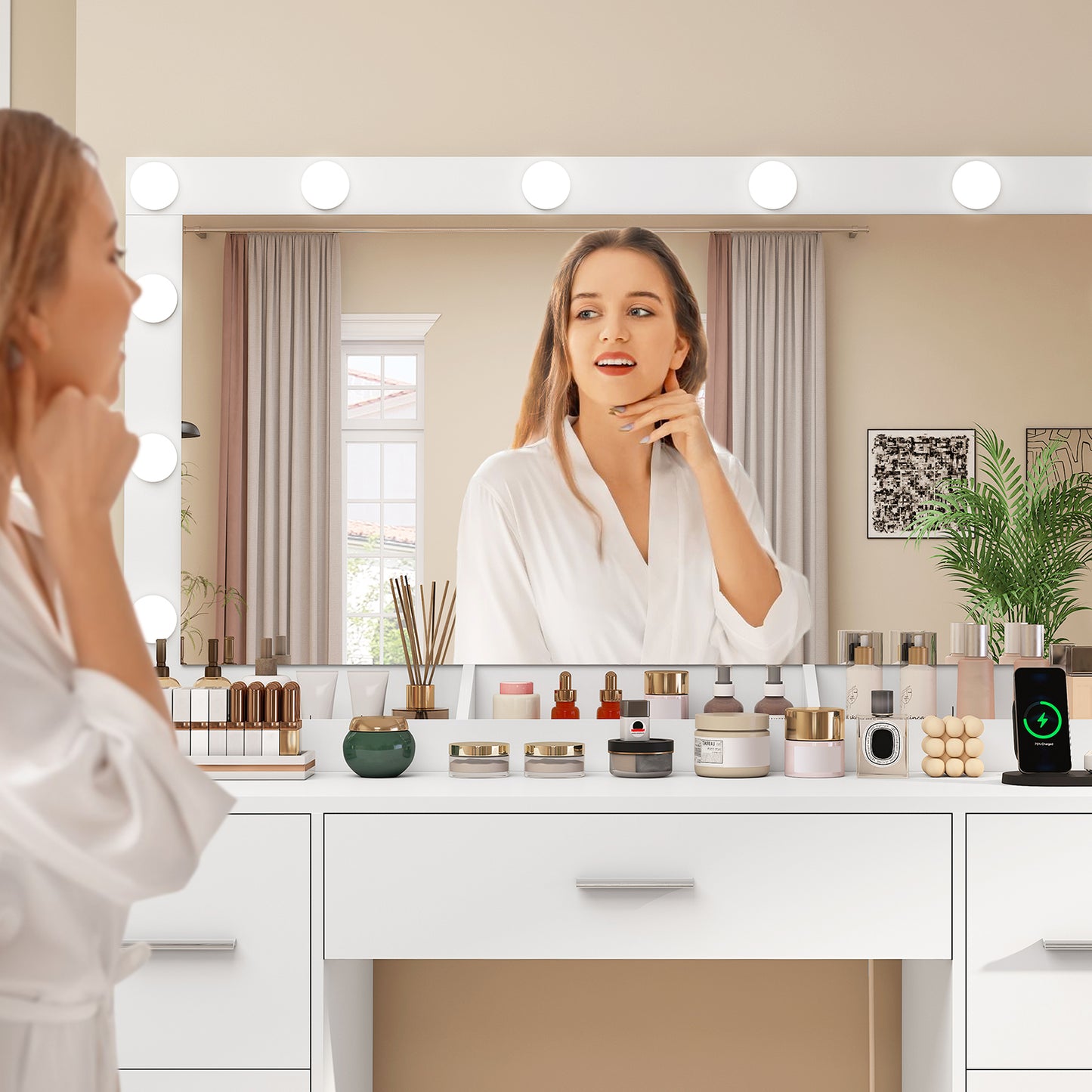USIKEY Makeup Vanity with Large Mirror and 12 LED Lights, Vanity Desk with 7 Drawers & Charging Station, Makeup Desk Dressing Table