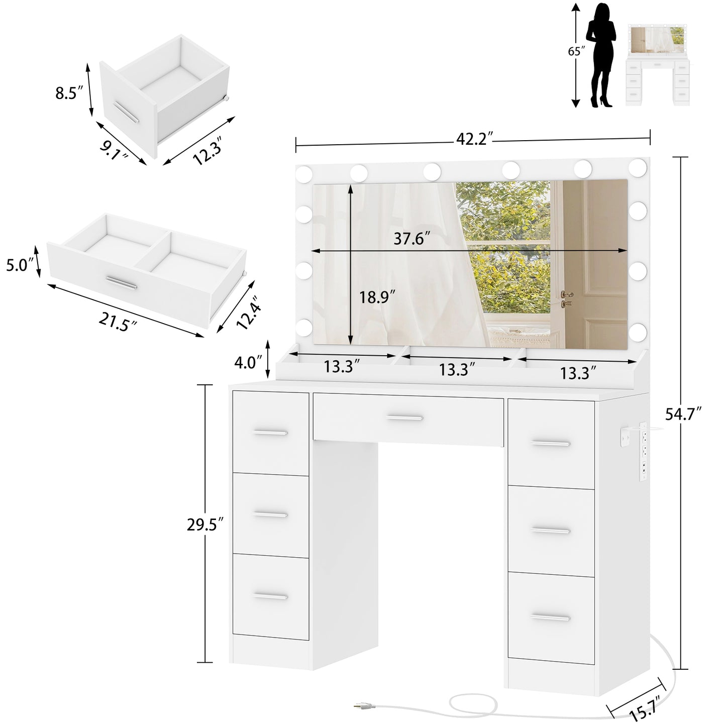 USIKEY Makeup Vanity with Large Mirror and 12 LED Lights, Vanity Desk with 7 Drawers & Charging Station, Makeup Desk Dressing Table