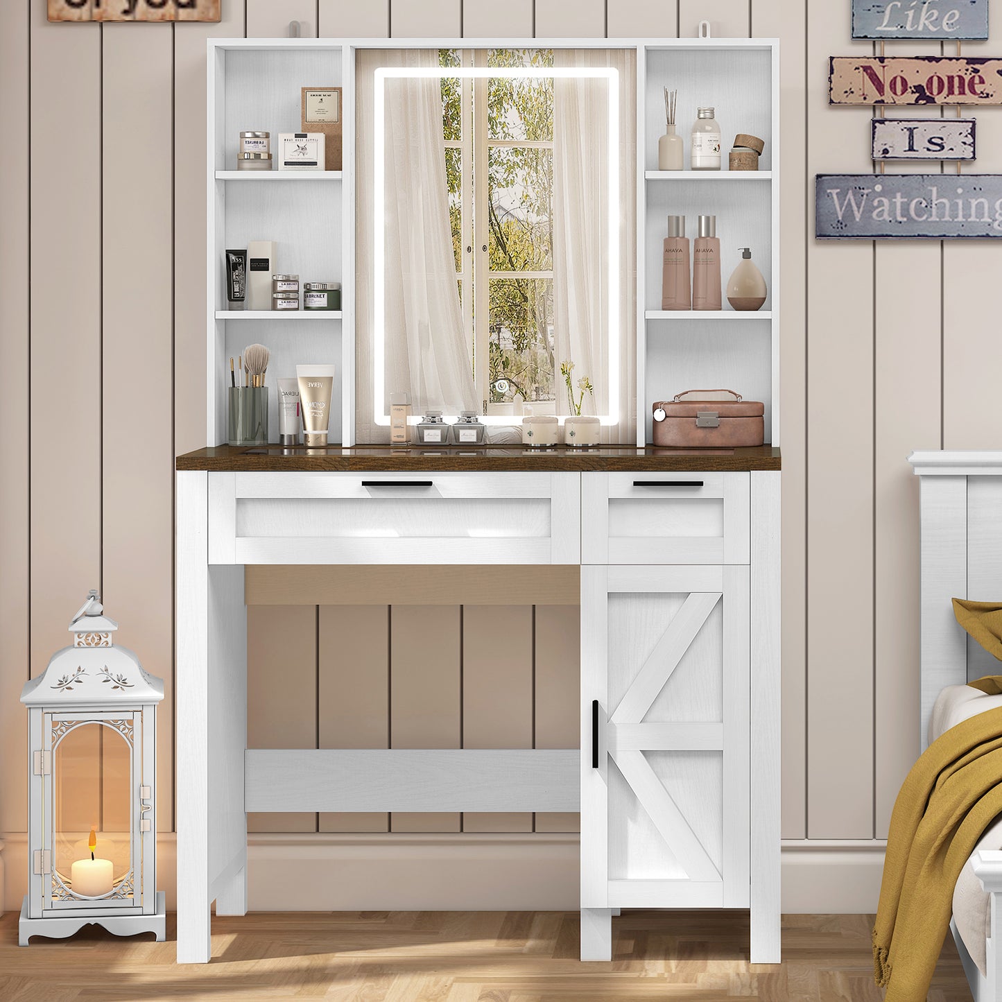 usikey Farmhouse Makeup Vanity Desk with Mirror and Lights, Glass Tabletop Makeup Vanity with Adjustable Shelves, Vanity Table Set with 2 Drawers and Side Cabinet for Bedroom, White