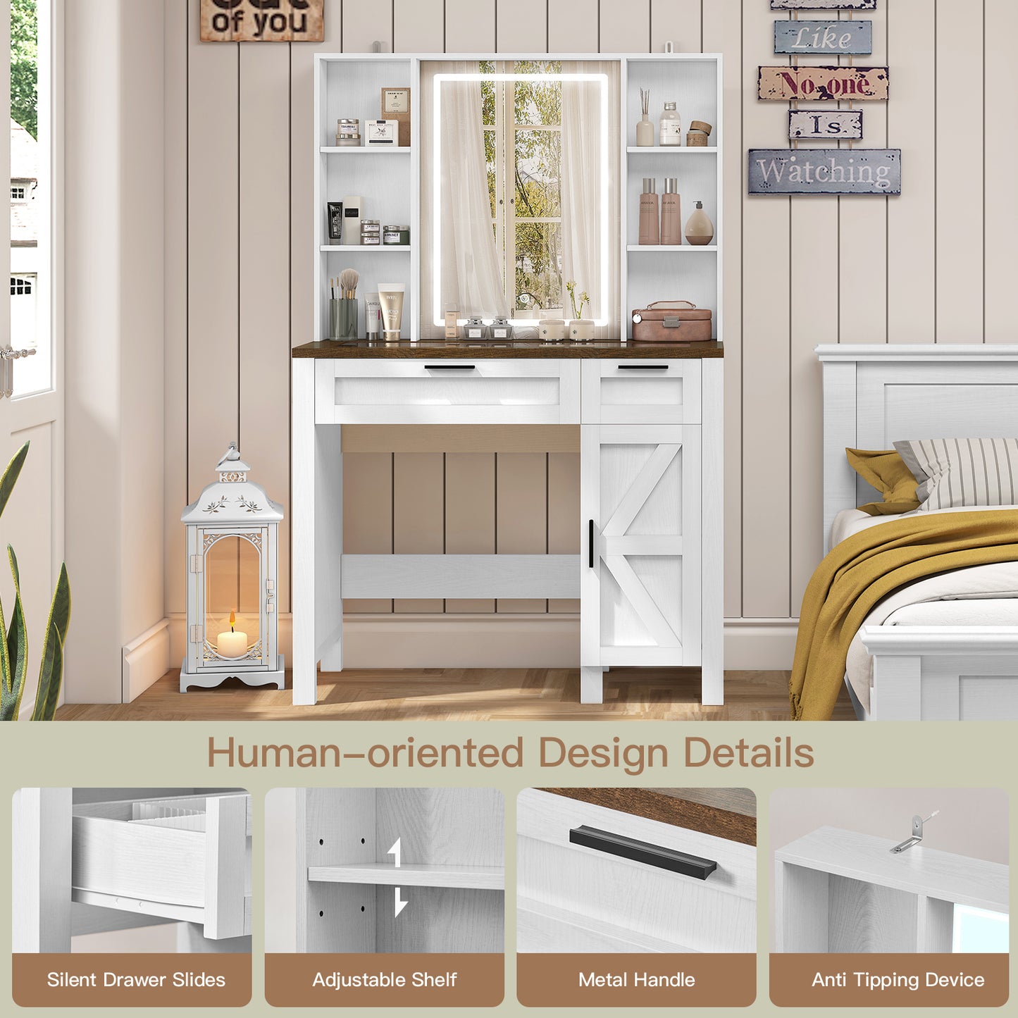 usikey Farmhouse Makeup Vanity Desk with Mirror and Lights, Glass Tabletop Makeup Vanity with Adjustable Shelves, Vanity Table Set with 2 Drawers and Side Cabinet for Bedroom, White
