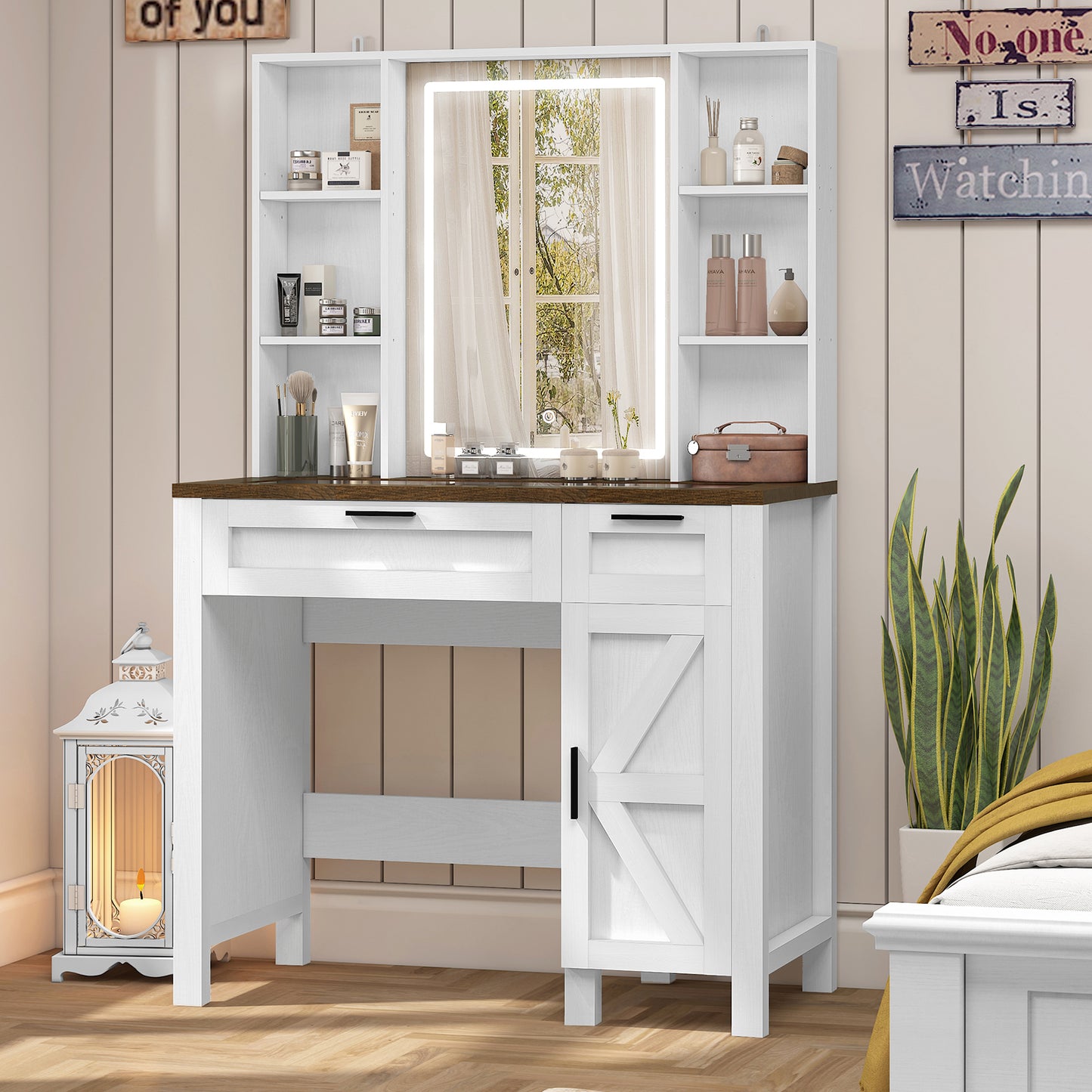 usikey Farmhouse Makeup Vanity Desk with Mirror and Lights, Glass Tabletop Makeup Vanity with Adjustable Shelves, Vanity Table Set with 2 Drawers and Side Cabinet for Bedroom, White