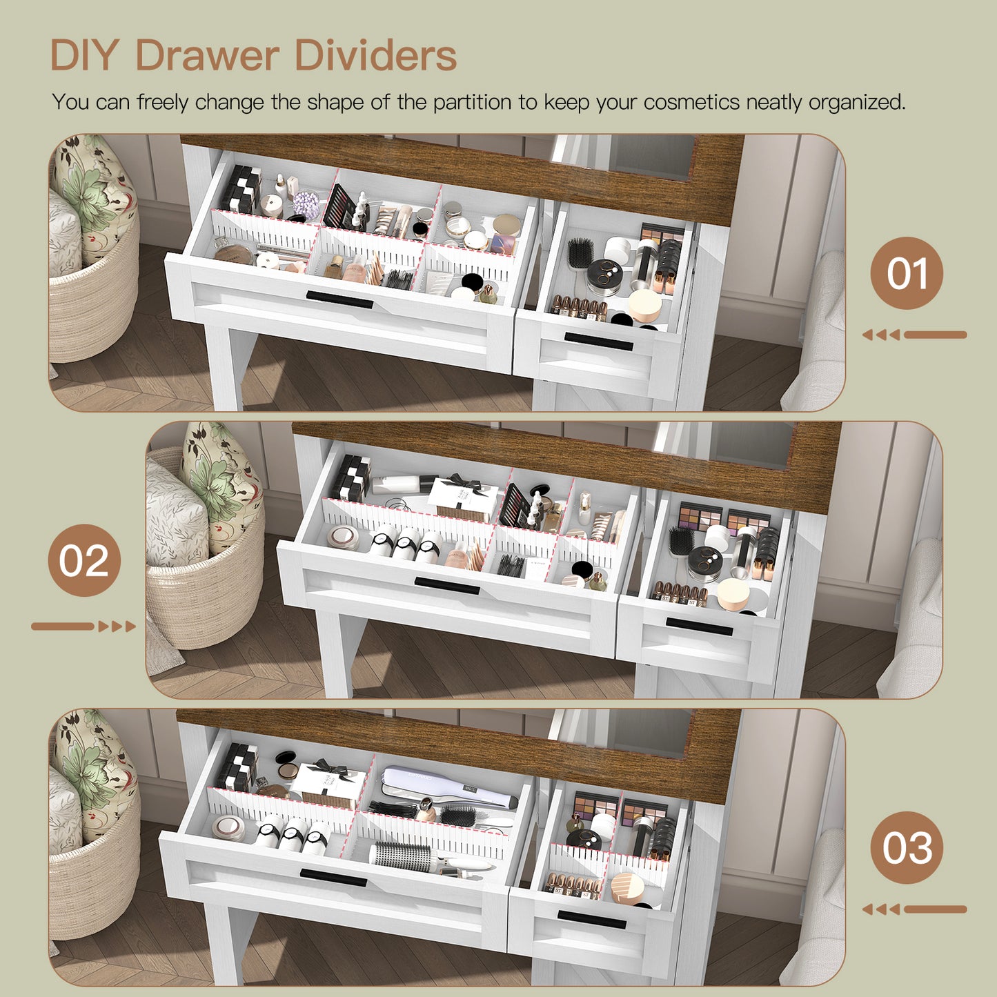 usikey Farmhouse Makeup Vanity Desk with Mirror and Lights, Glass Tabletop Makeup Vanity with Adjustable Shelves, Vanity Table Set with 2 Drawers and Side Cabinet for Bedroom, White