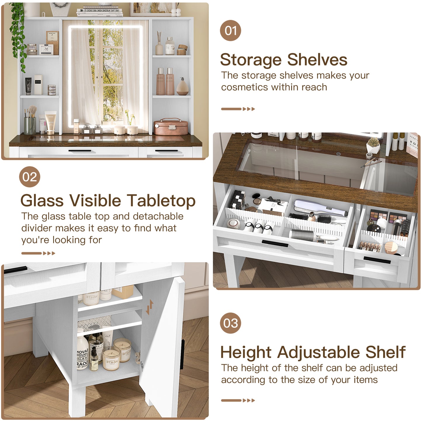 usikey Farmhouse Makeup Vanity Desk with Mirror and Lights, Glass Tabletop Makeup Vanity with Adjustable Shelves, Vanity Table Set with 2 Drawers and Side Cabinet for Bedroom, White