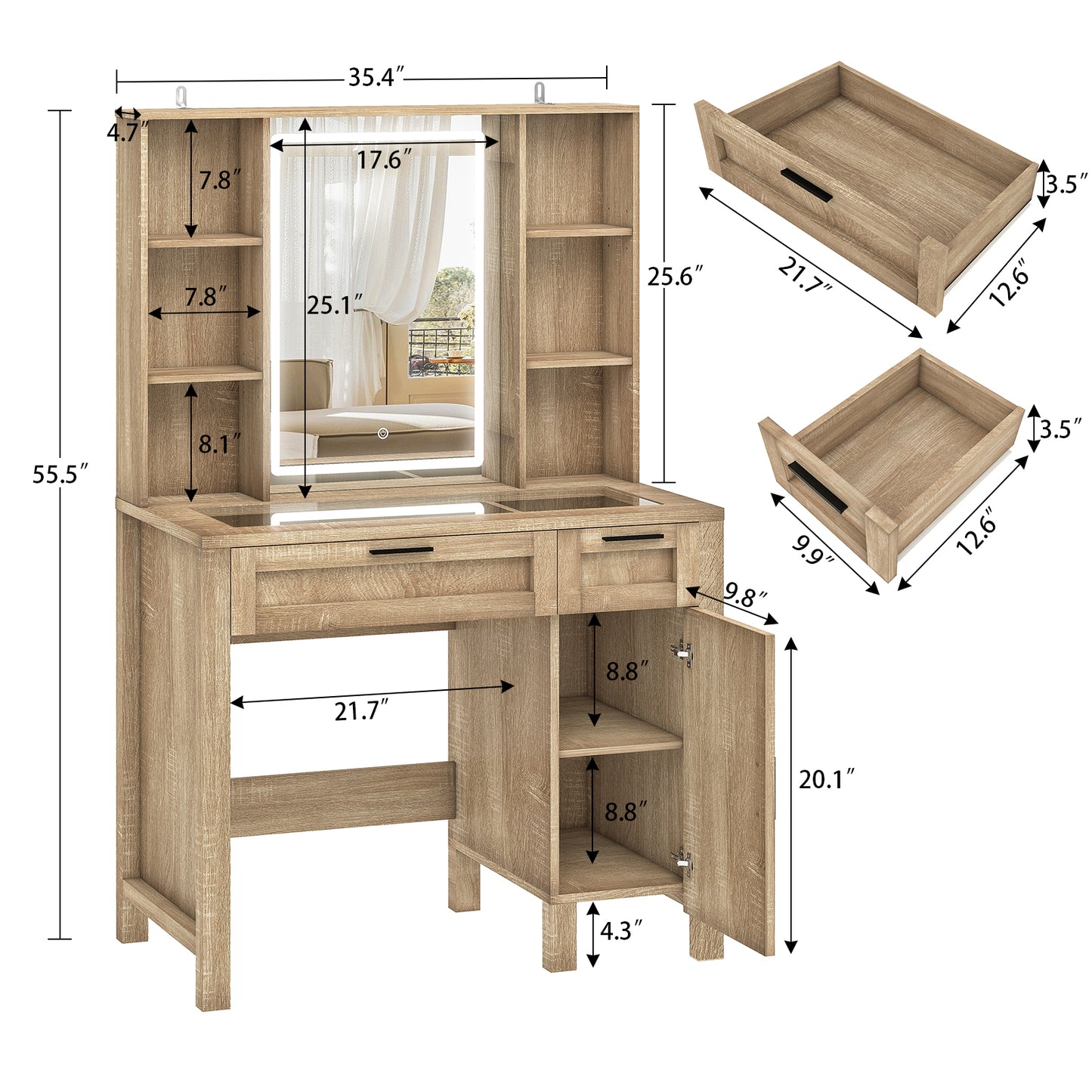usikey Farmhouse Makeup Vanity Desk with Mirror and Lights, Glass Tabletop Makeup Vanity with Adjustable Shelves, Vanity Table Set with 2 Drawers and Side Cabinet for Bedroom, White
