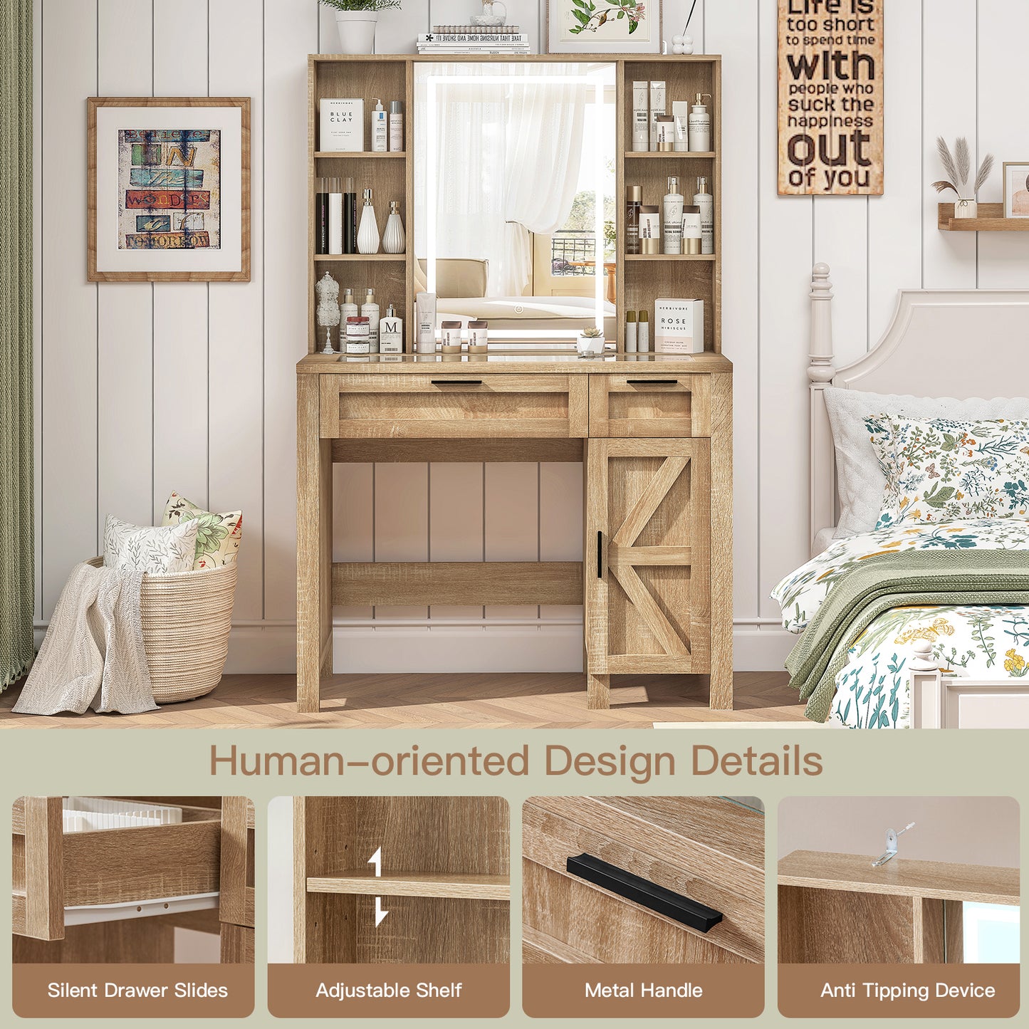 usikey Farmhouse Makeup Vanity Desk with Mirror and Lights, Glass Tabletop Makeup Vanity with Adjustable Shelves, Vanity Table Set with 2 Drawers and Side Cabinet for Bedroom, White