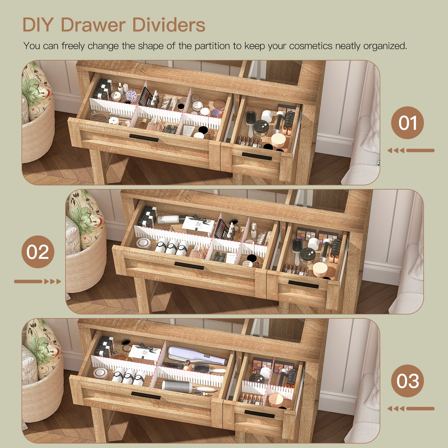 usikey Farmhouse Makeup Vanity Desk with Mirror and Lights, Glass Tabletop Makeup Vanity with Adjustable Shelves, Vanity Table Set with 2 Drawers and Side Cabinet for Bedroom, White